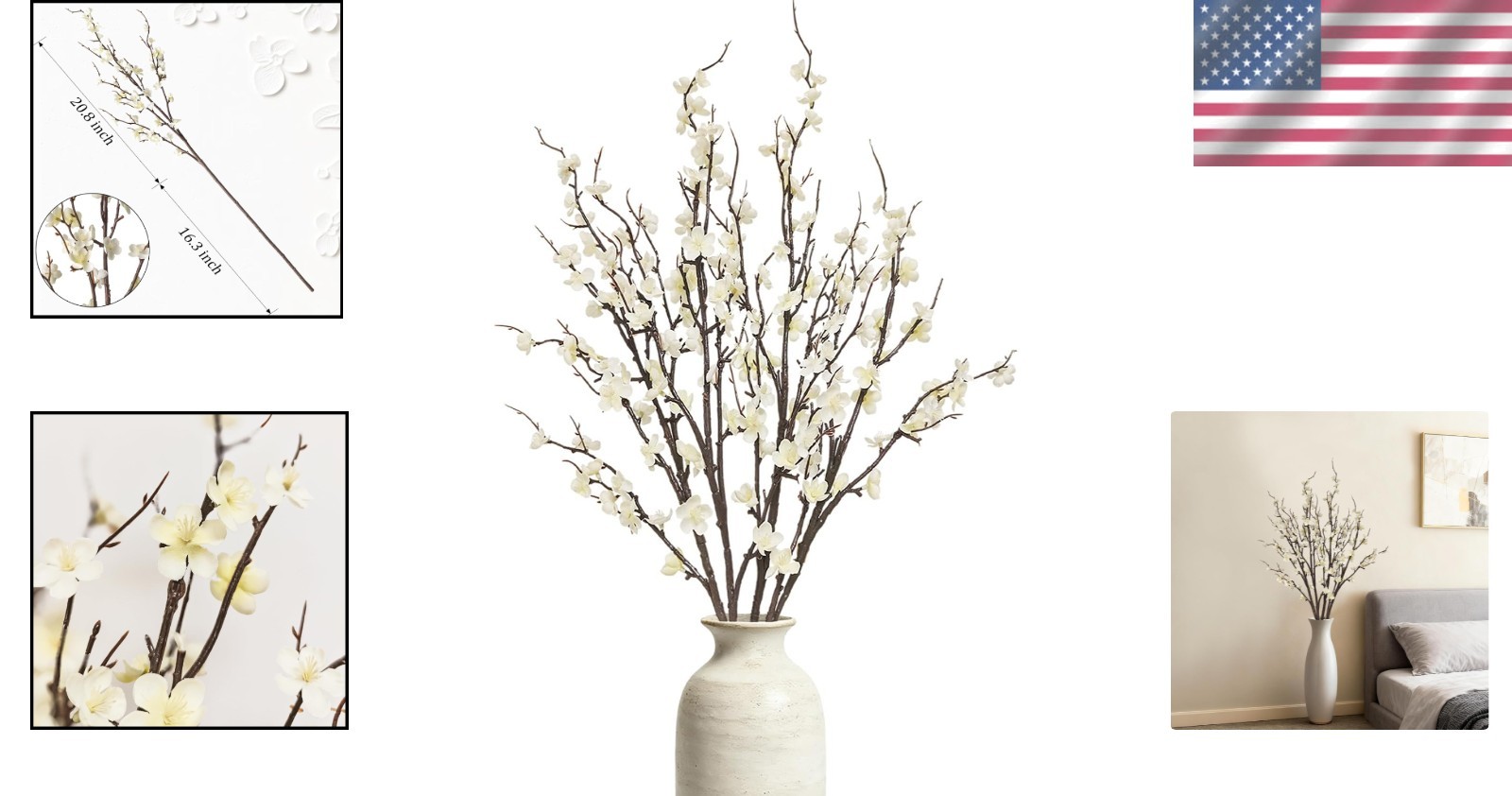 Lifelike White Cherry Blossoms – 4 Pcs 39 Inch Fake Flowers for Home and Events