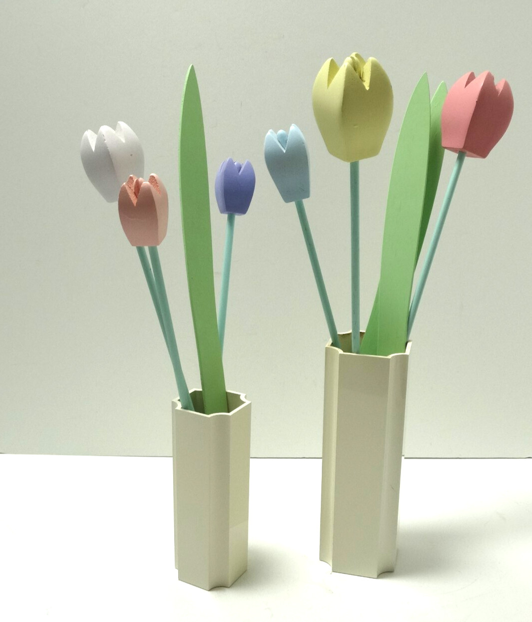 (6) Wooden Painted Colorful Tulips w (3) Leaves Countrycore Vintage Taiwan S M L