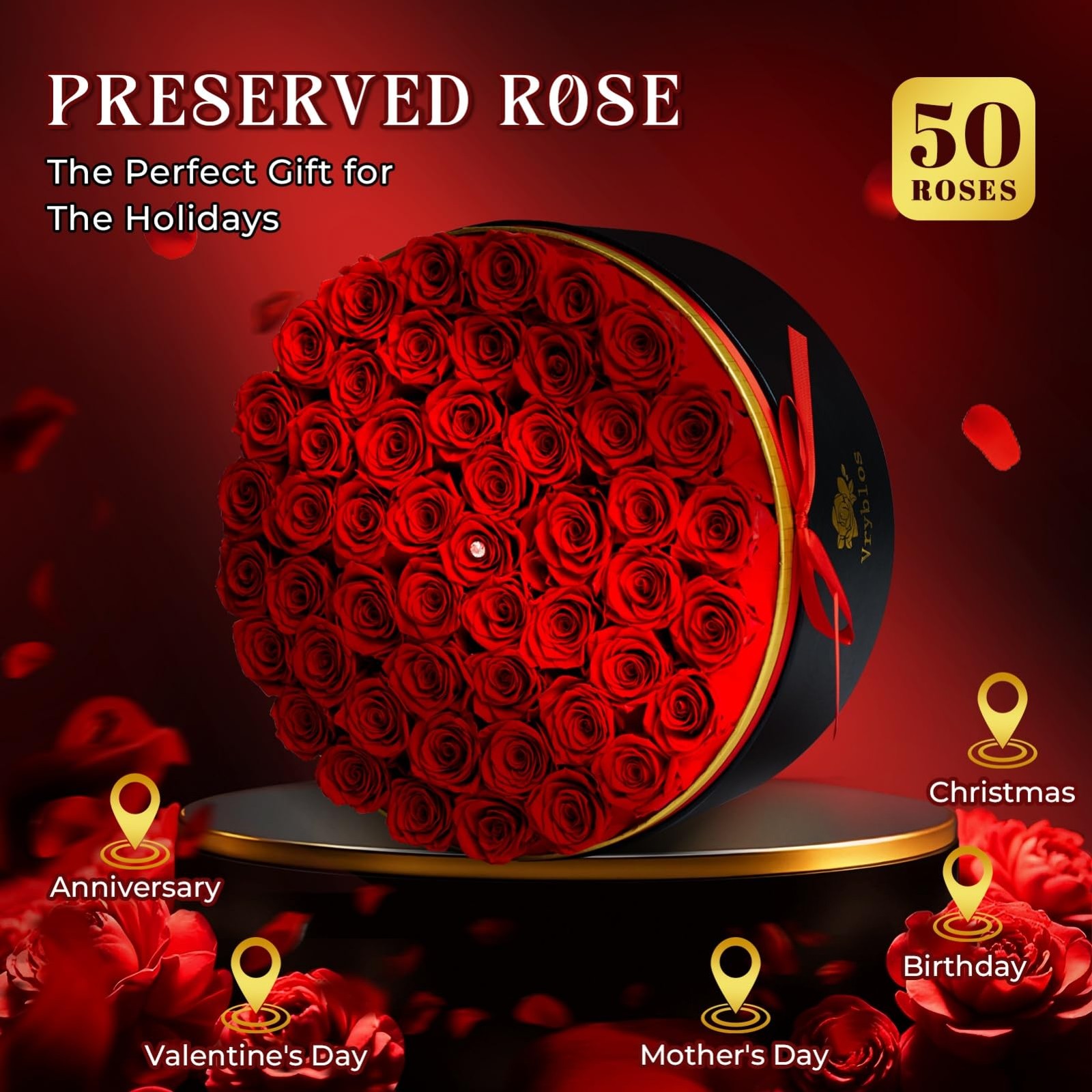 50 Forever Red Roses in a Box Preserved Flowers 100% Real Immortal Rose for D…