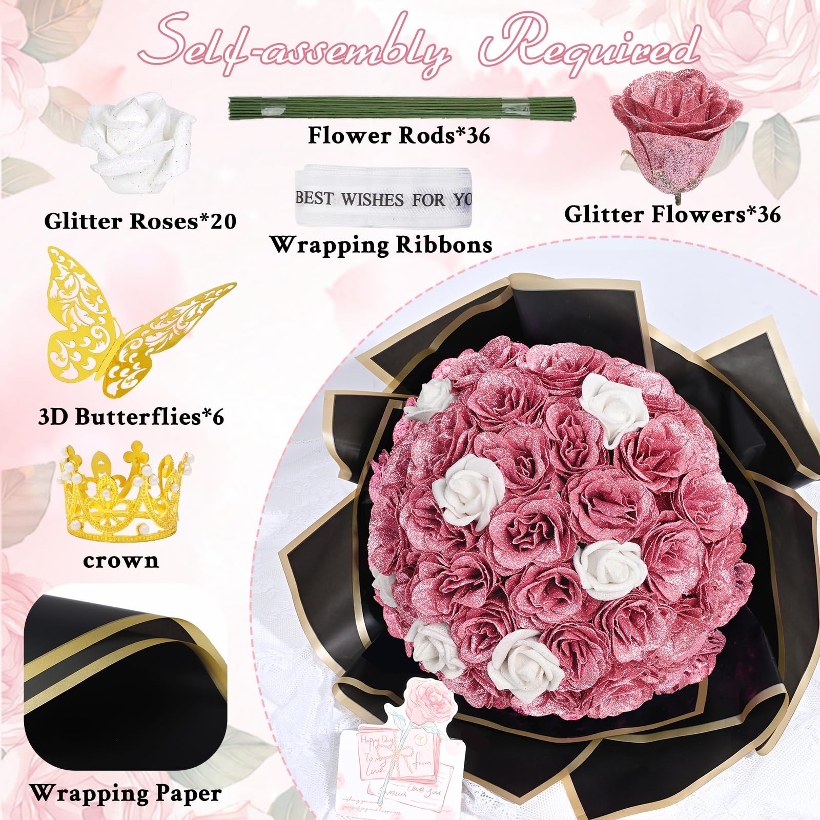 36+20 Glitter Roses Bouquet, DIY Fake Flowers Bouquet, Craft The Initials of …