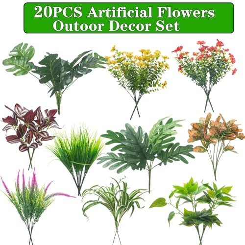 Grunyia 20PCS Fake Flowers UV Resistant Artificial Plants & Faux Shrubs –