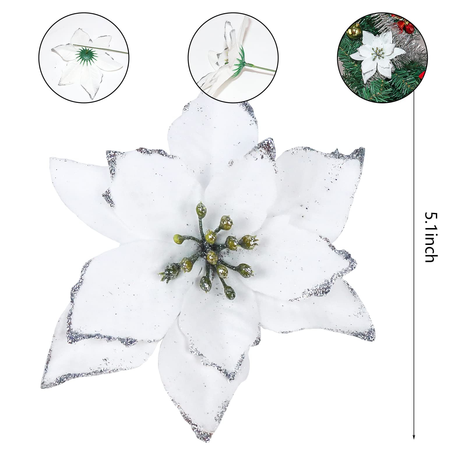 12 Pack White Glitter Poinsettia Ornaments, Christmas Tree, Flowers, Decor,Clips