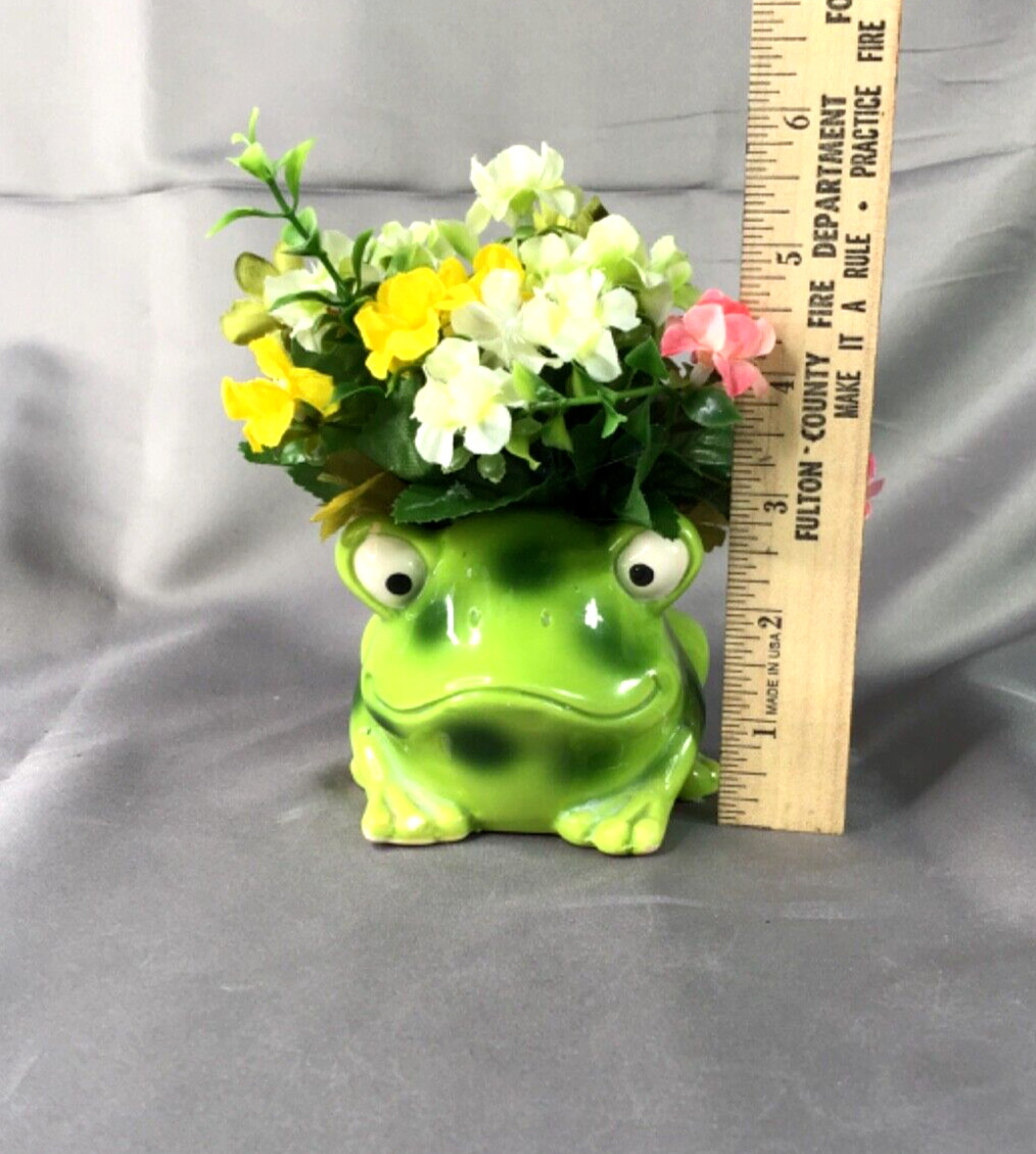 Precious Small Green Ceramic Frog Loaded with Pink Yellow & White Flowers