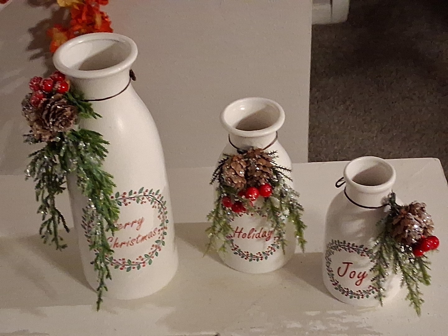 Christmas Vase 3-Piece Set Trimmed with Multi Holiday Trim White