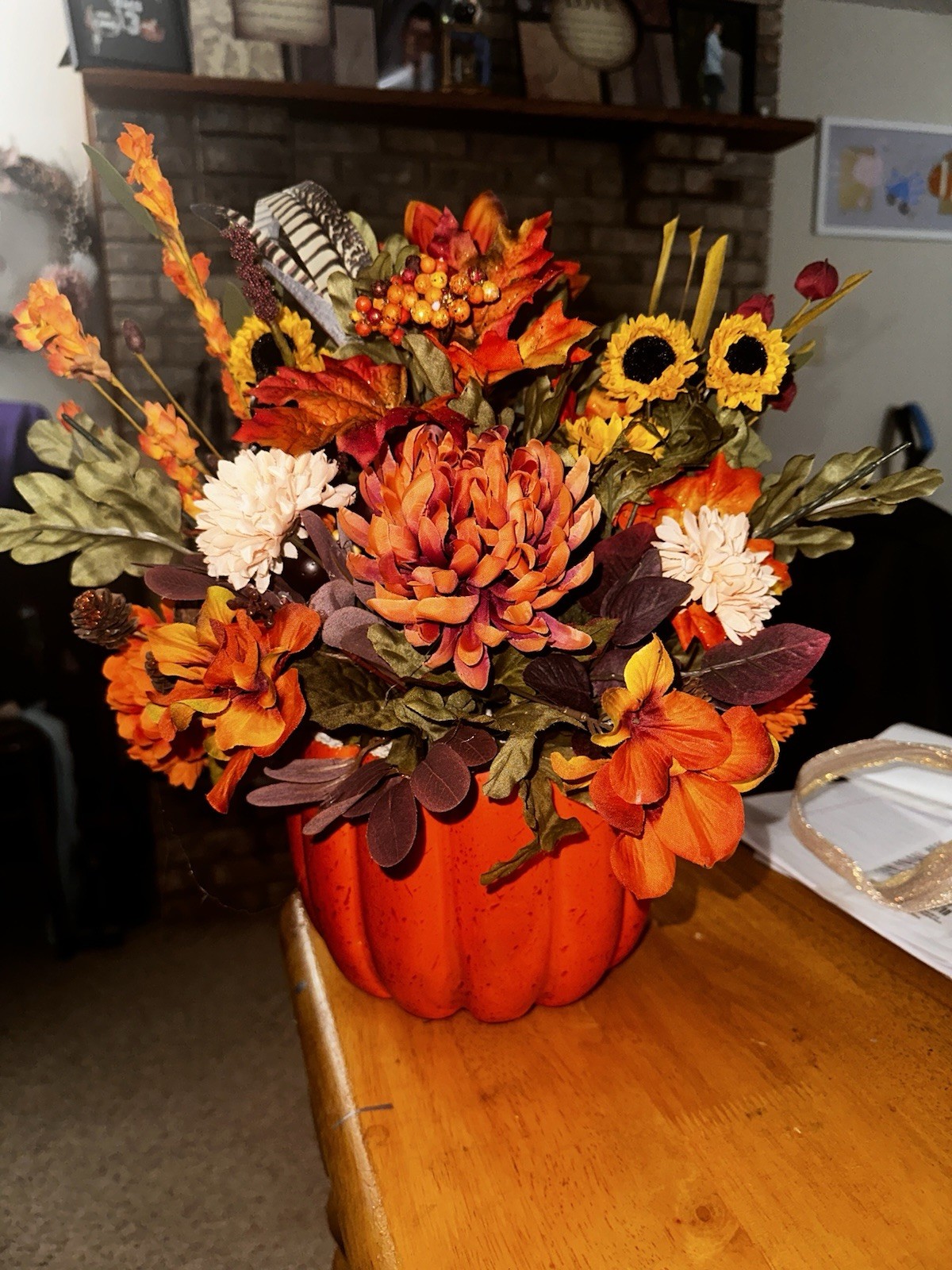 Fall Artificial Sunflower Floral Arrangement & Centerpiece in Orange Pumpkin