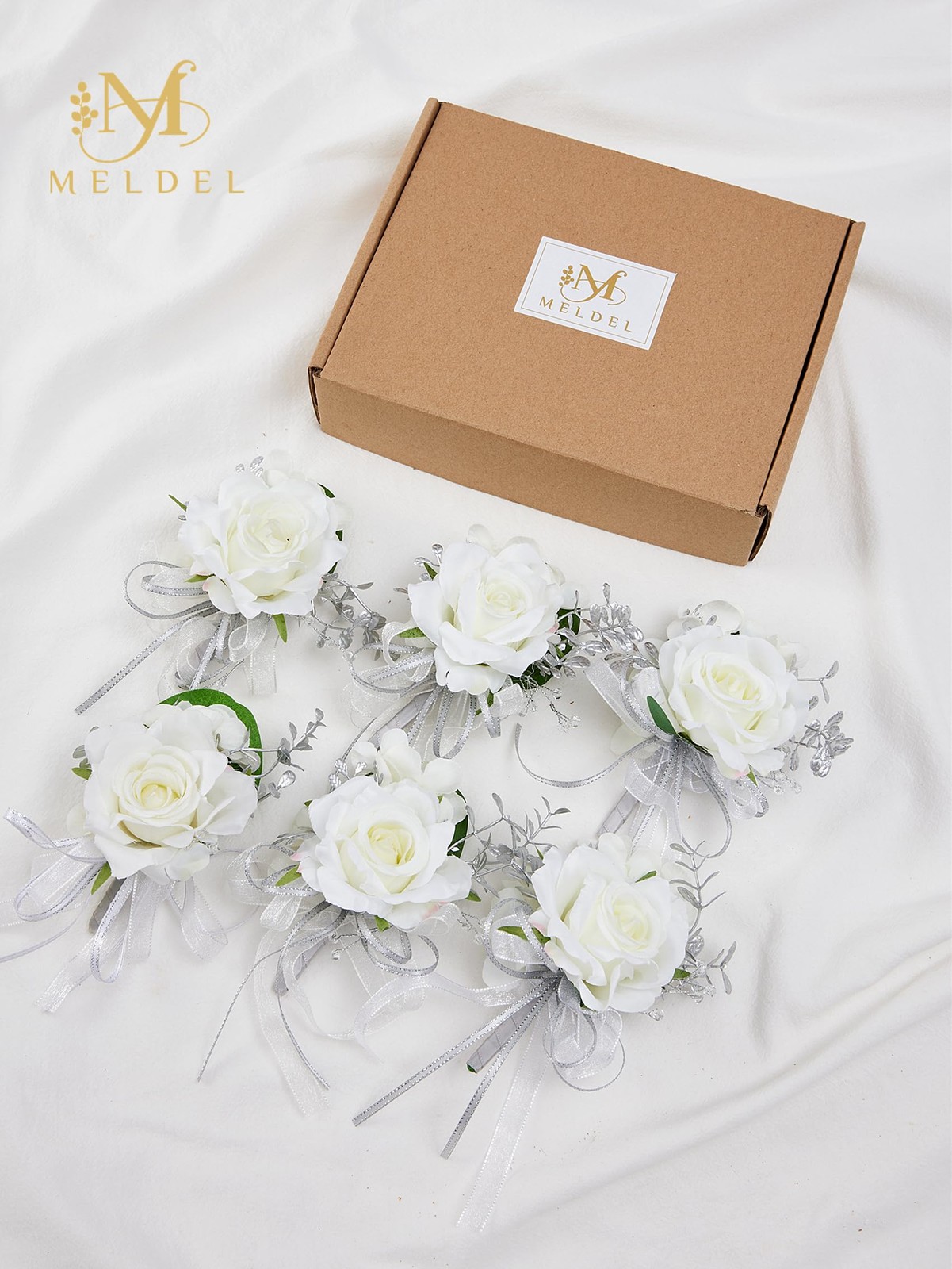 6 PCS White Boutonniere Men Groom Groomsman Wedding Suit Flower Silver Rose