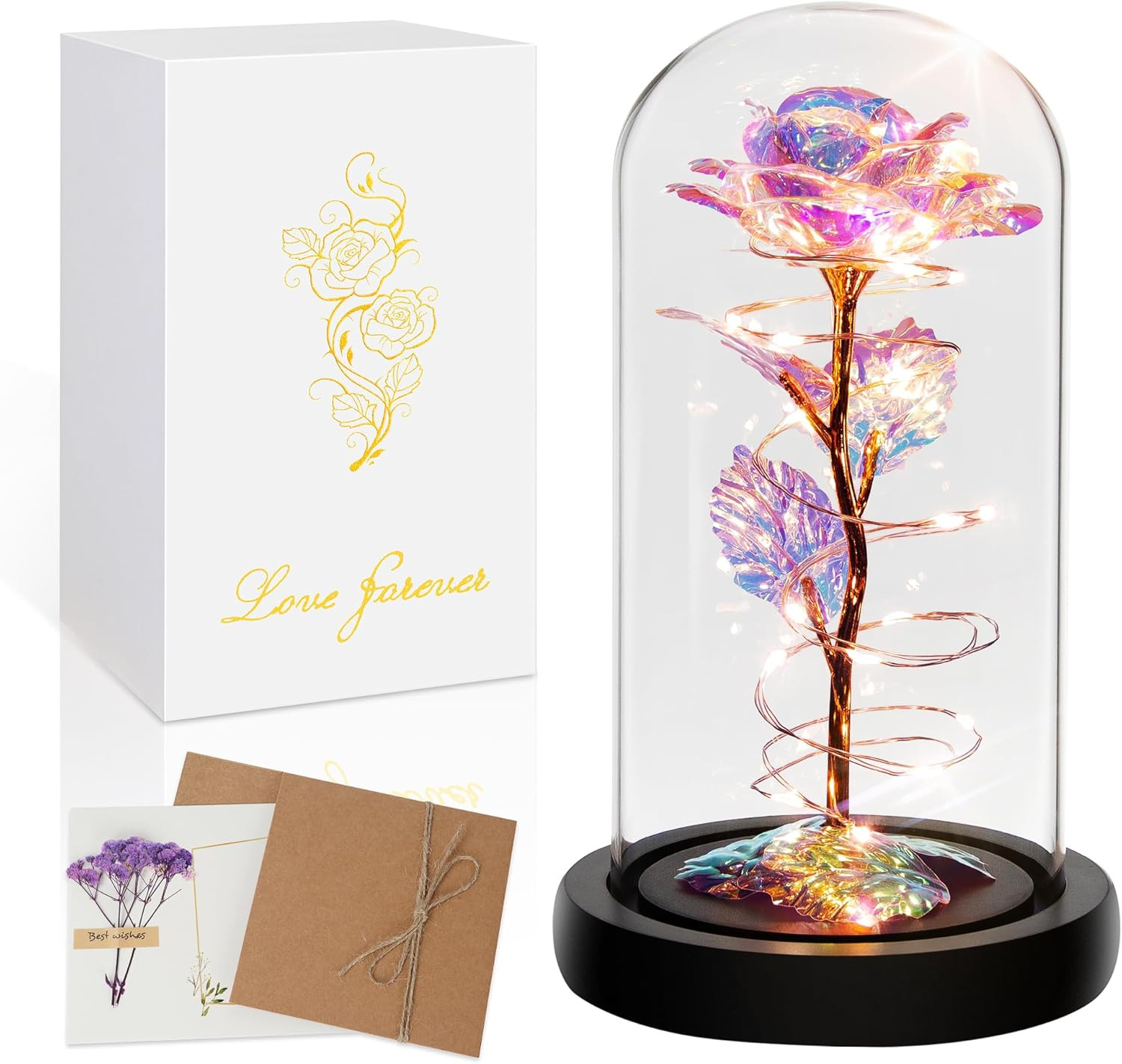 LED Rose in Glass Dome Gift for Her Valentine Anniversary Birthday Mom Wife