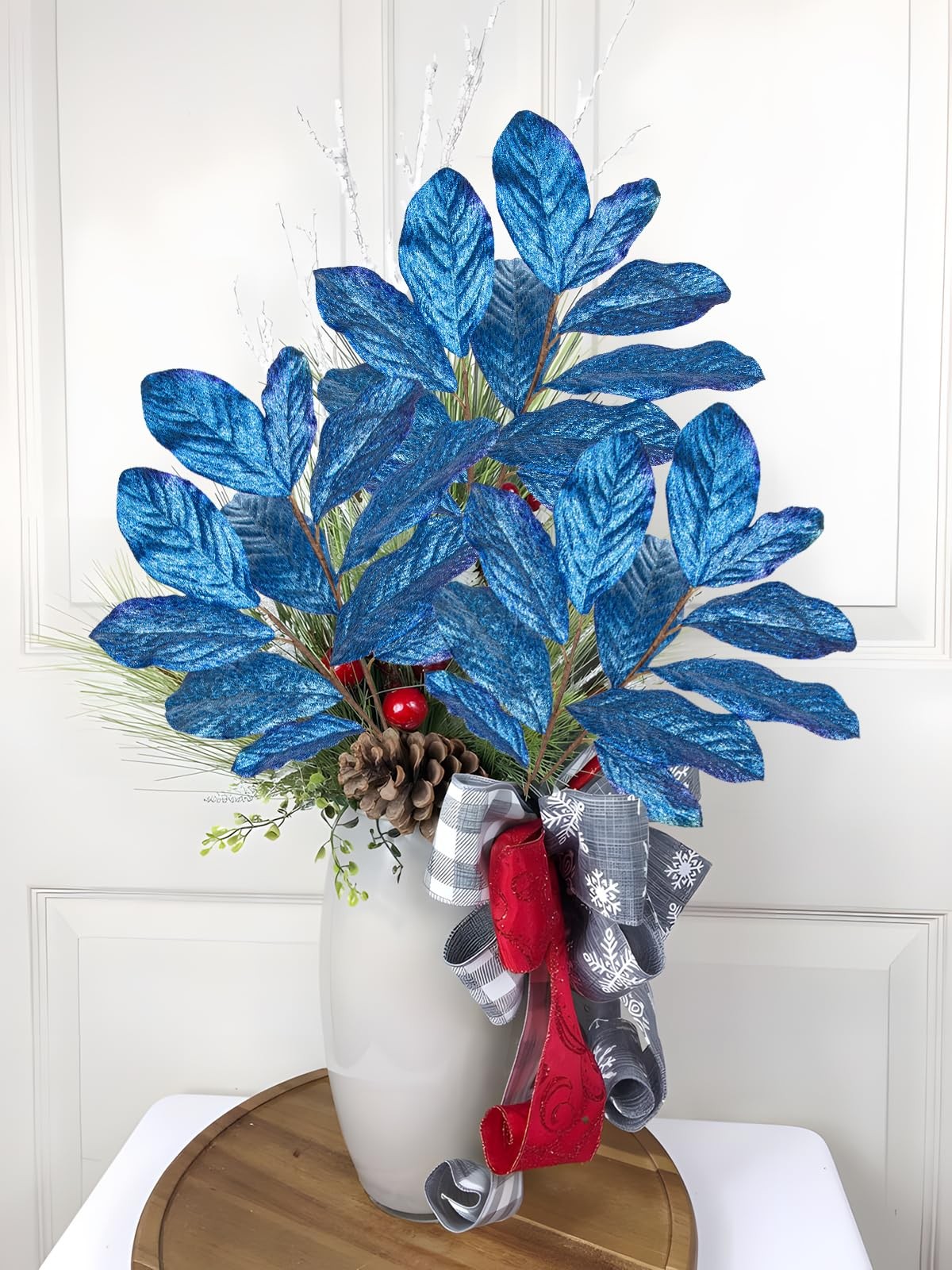 31″ Royal Blue Glitter Magnolia Leaves Stems Picks and Sprays, Artificial Gli…