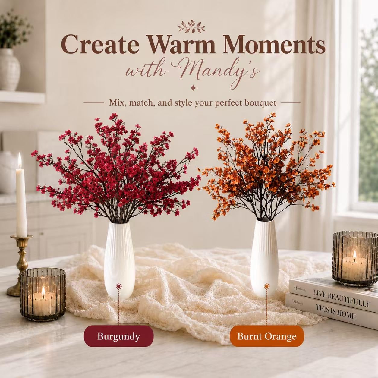 6 Bundles Burgundy Artificial Babys Breath Silk Flowers 18.5 Inch Decor