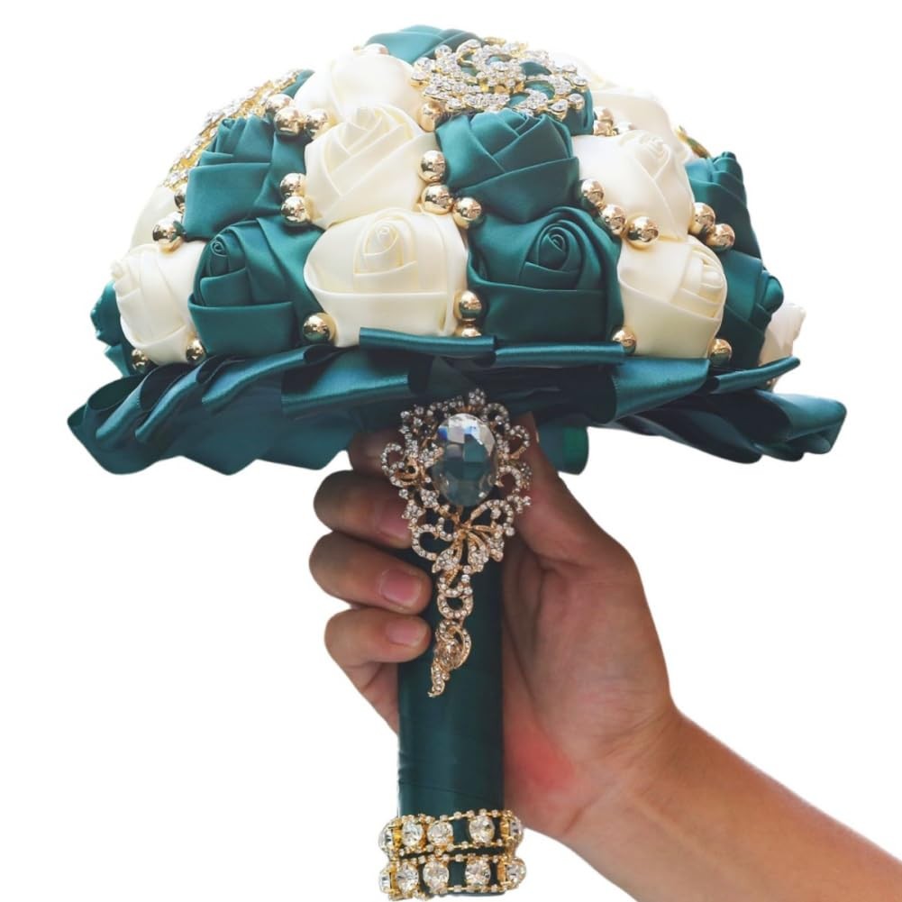 Gkvszy Emerald Green and Ivory Bridal Wedding Bouquet with Gold Brooch Rhines…