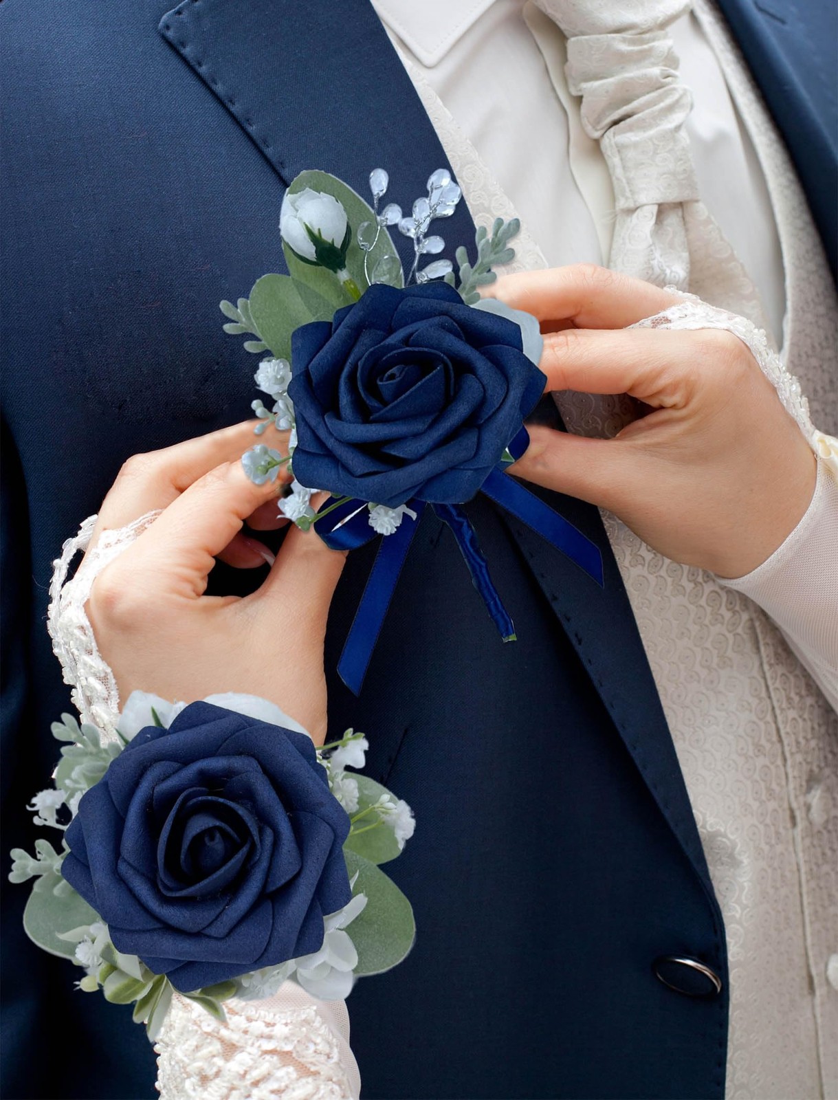 Corsage and Boutonniere Set, Dark Blue Rose Handmade Artificial Flower Wrist …