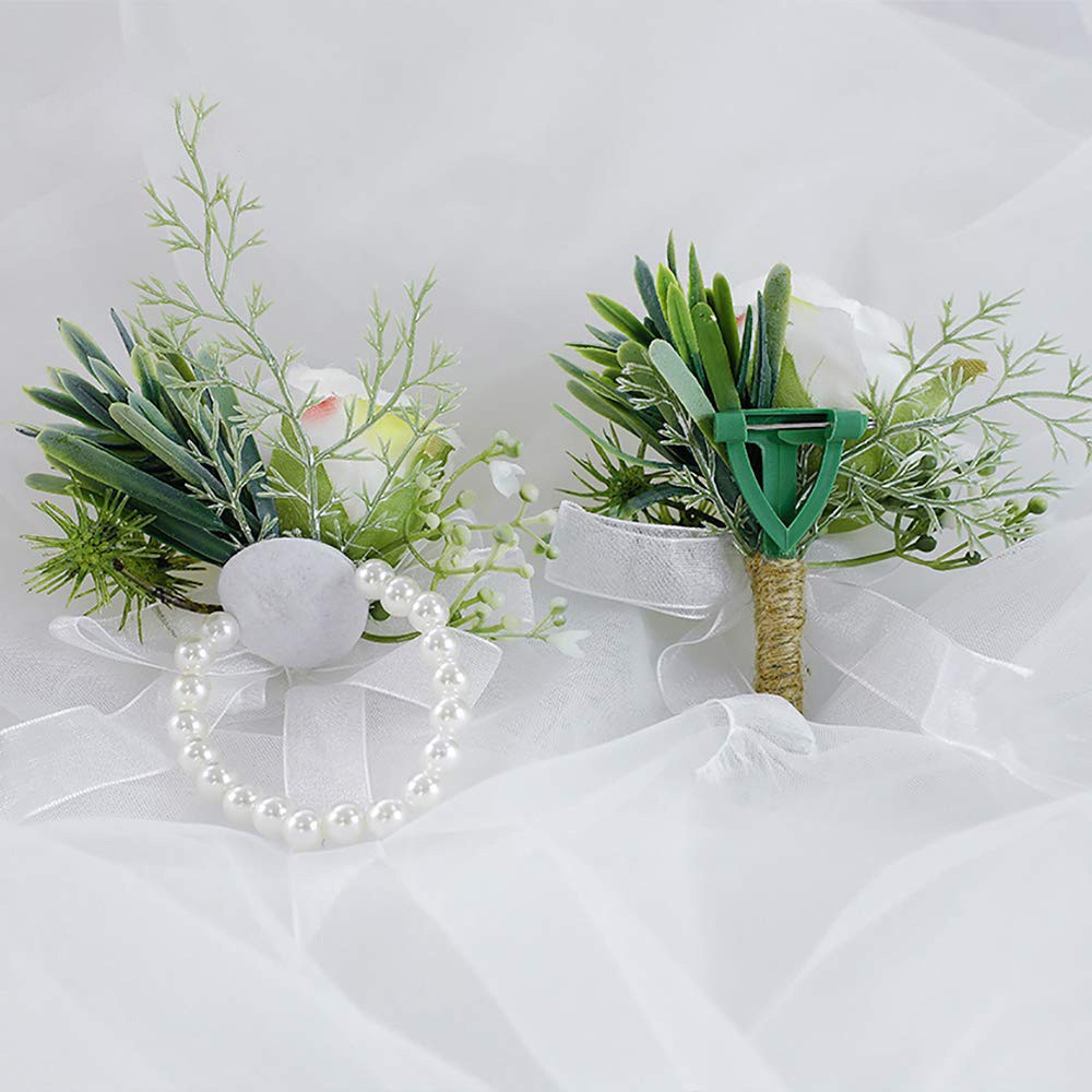 Bridal Party Flowers, Wrist Corsage With Boutonniere, White