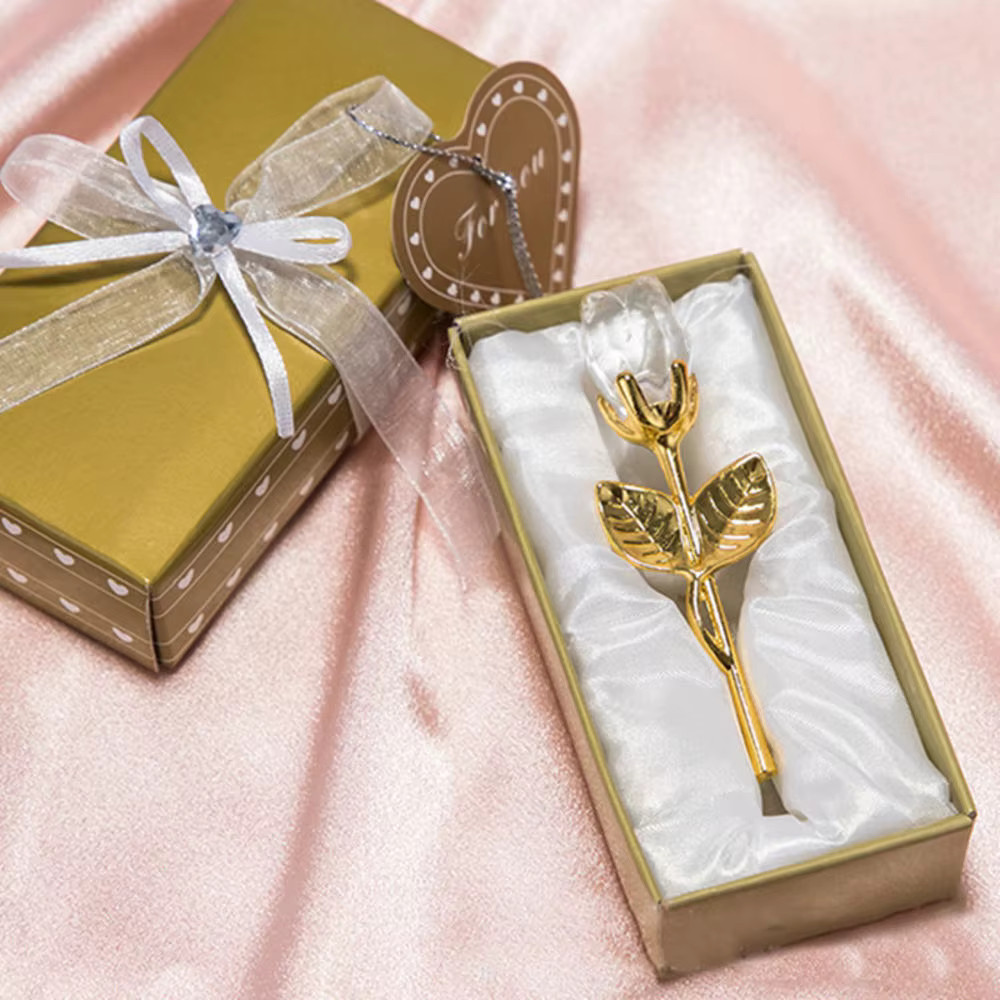 Crystal Red Rose Gold Stem Gift – Forever Artificial Flowers Wedding Favors Box