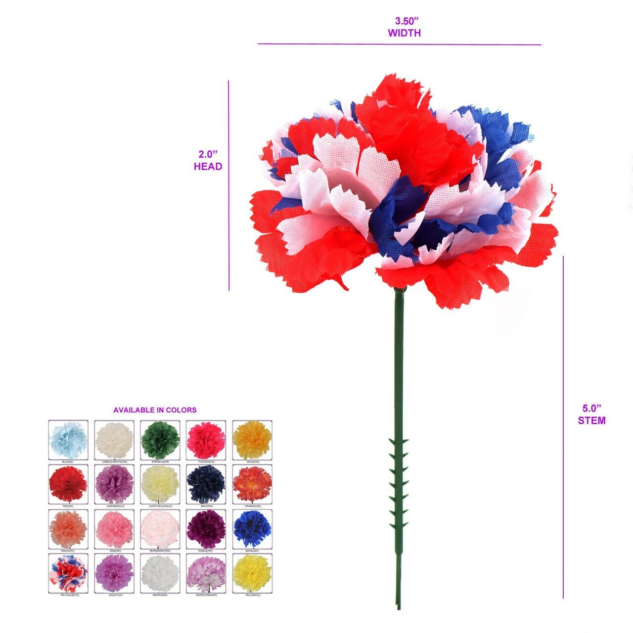 Tri-Color Carnation Picks Realistic Silk Blooms Spring Floral Decor Box of 100