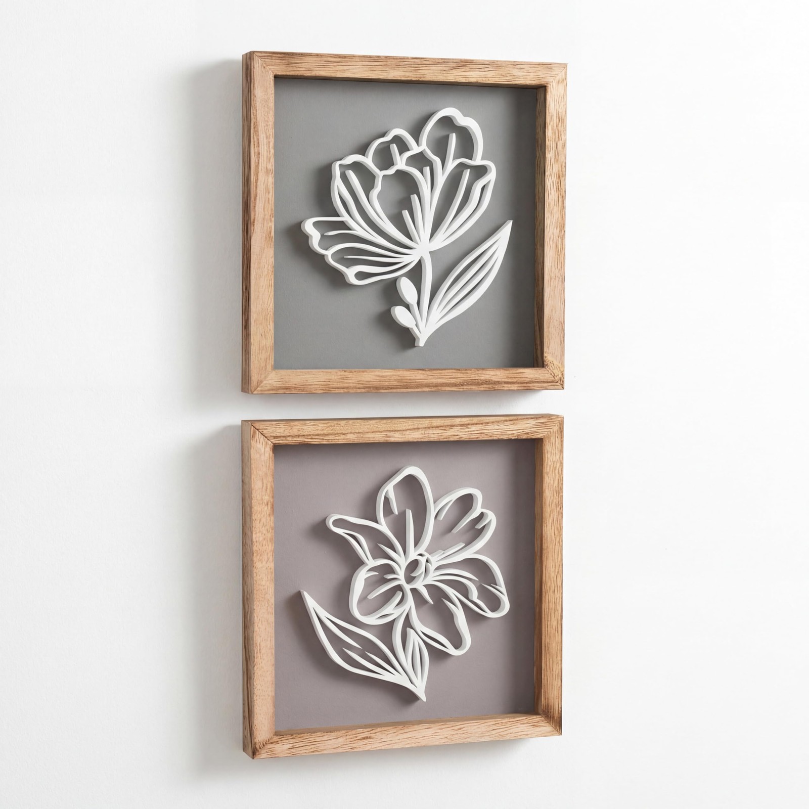 Tide and Tales 3D Botanical Floral Wall Art (Framed Set 7″ x 7″, Stone & Clay