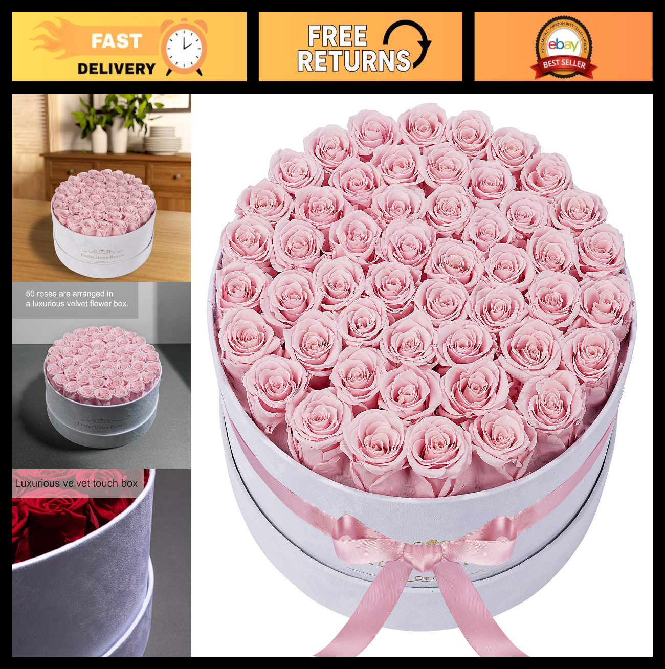 50-Piece Velvet Box Roses – Preserved Flowers for Delivery, Birthday Gifts for W