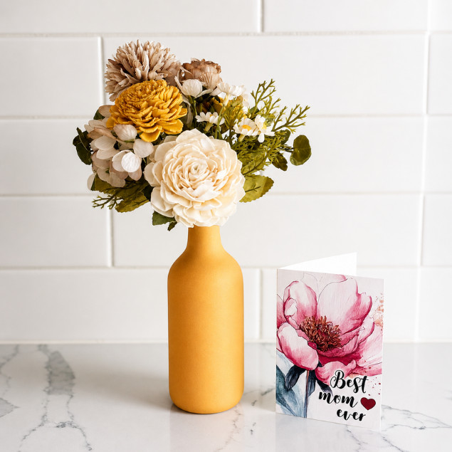 Sola Wood Silk Flower Arrangement Yellow Ceramic Vase Rustic Home Decor Gift