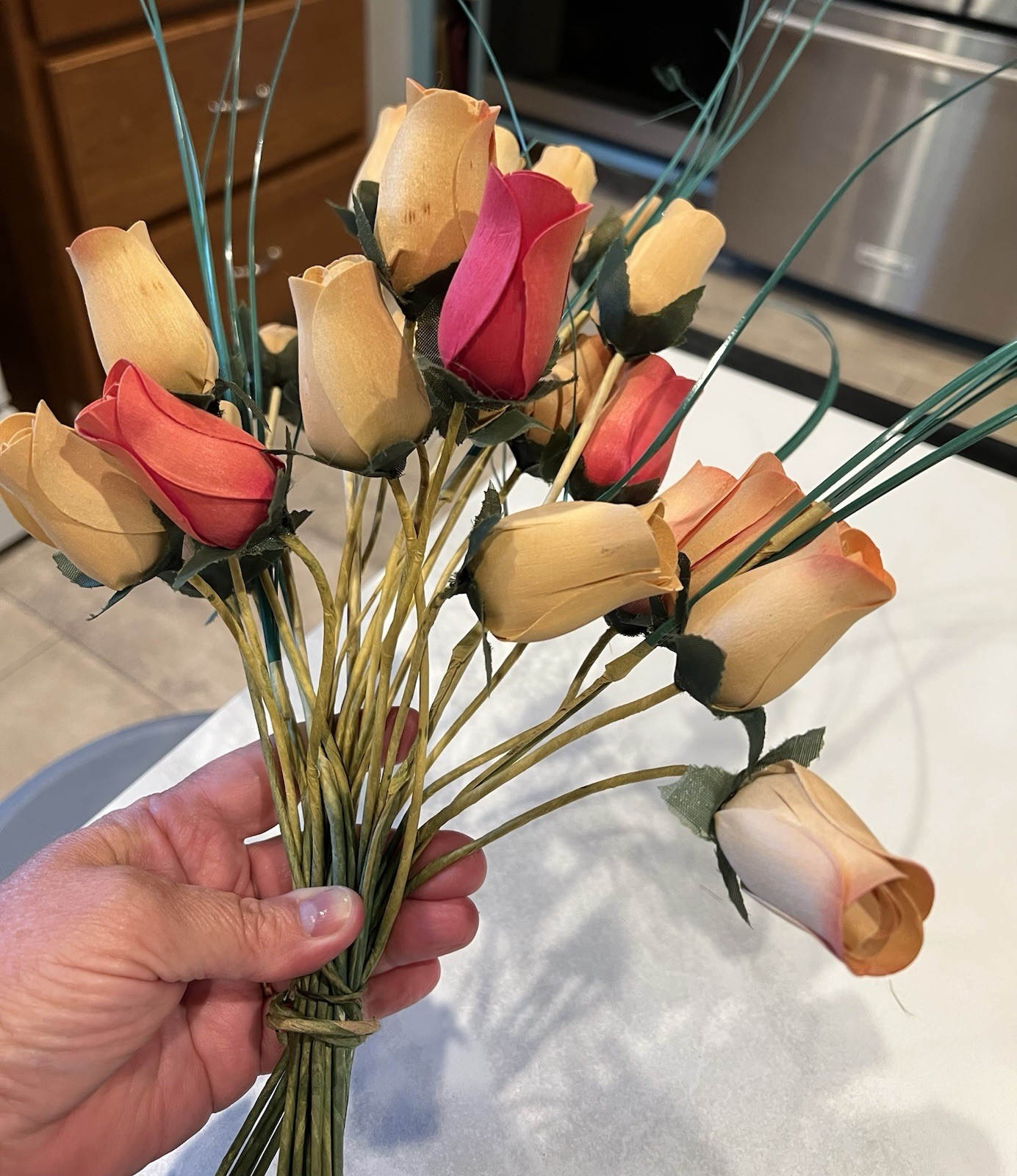 2 dozen Shaved Wood Rose Buds on stems, Cream and Rose Colors