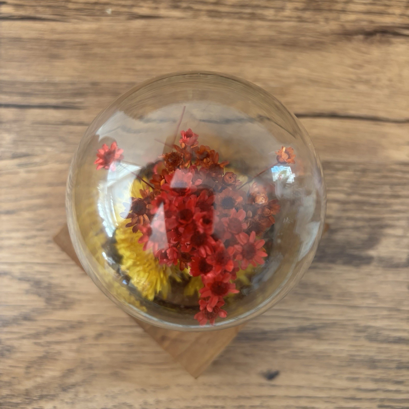 Vintage Dried Flowers Cloche Glass Dome Wood Base Boho Cottage Floral Shelf Deco