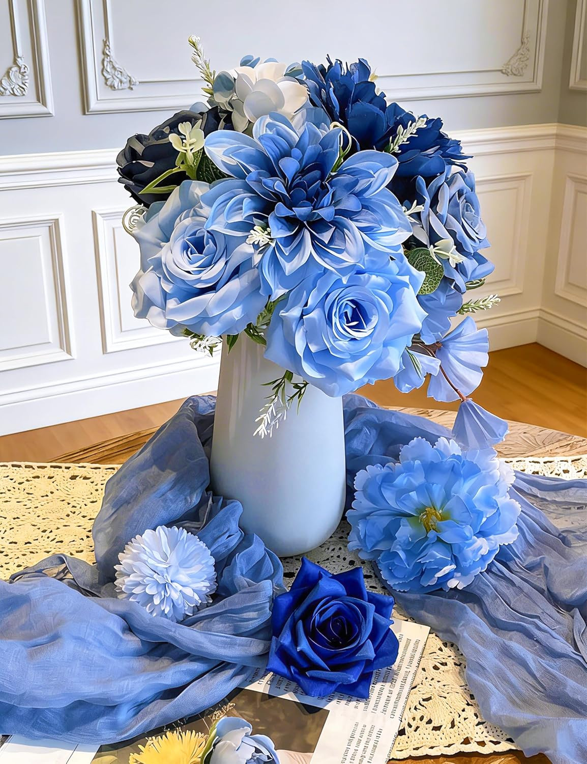 Blue Artificial Flowers Bulk Set Silk Peony Rose Bouquet DIY Wedding Decor