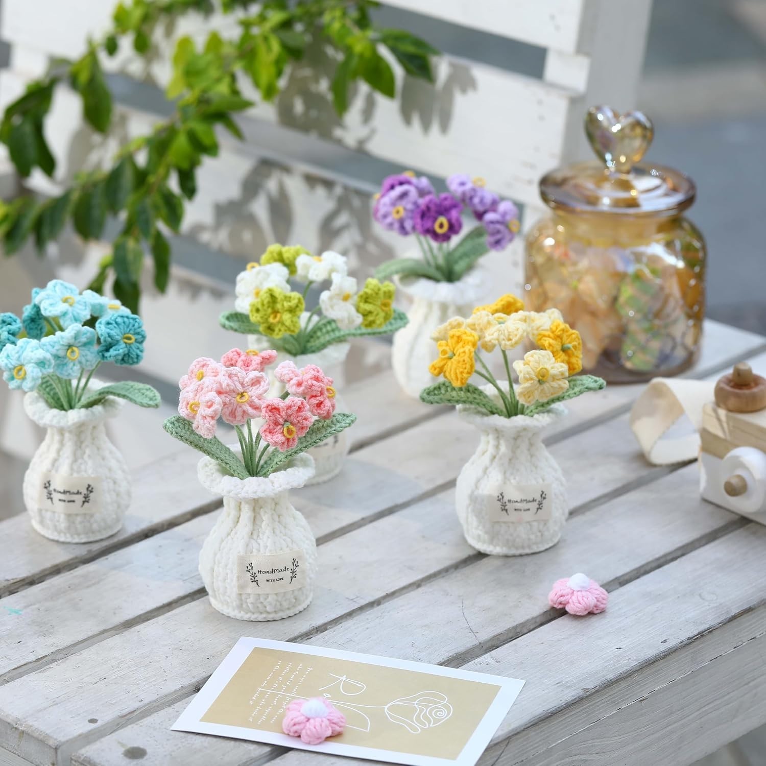 Elegant 7 Bloom Crochet Forget-Me-Not Potted Plant – Handcrafted Home Accent
