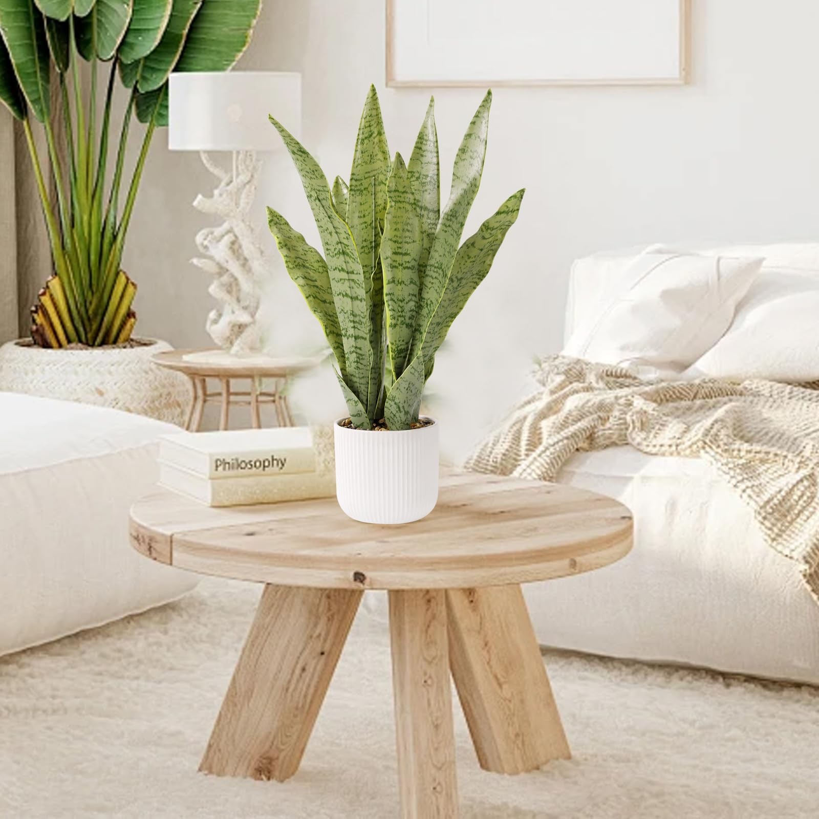 Artificial Snake Plant White Pot 21.5 Inch Fake Sansevieria Faux Greenery