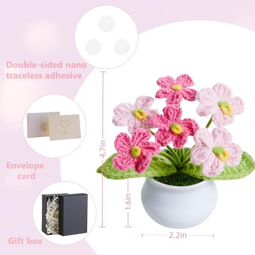 Crochet Flowers Pink Handmade Knitted Potted Flower Plants for Gradient Pink