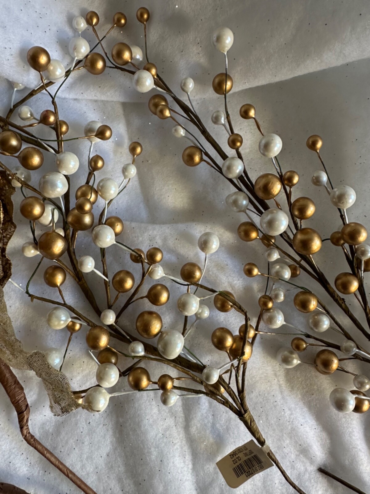 Berry Cluster Tree Pick Plant Spray Decorations Gold Beads White and Bronze Leaf