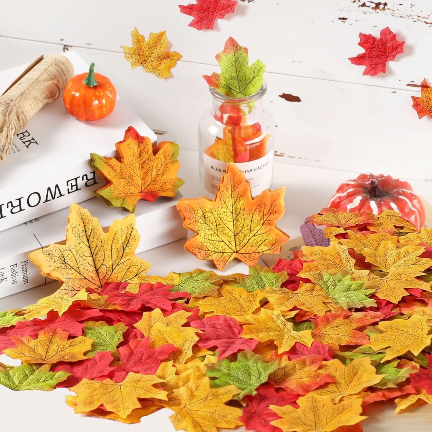 500PCS Fall Maple Leaves Bulk, 8 Colors with 100 Glue Dots | Autumn leaves fo…