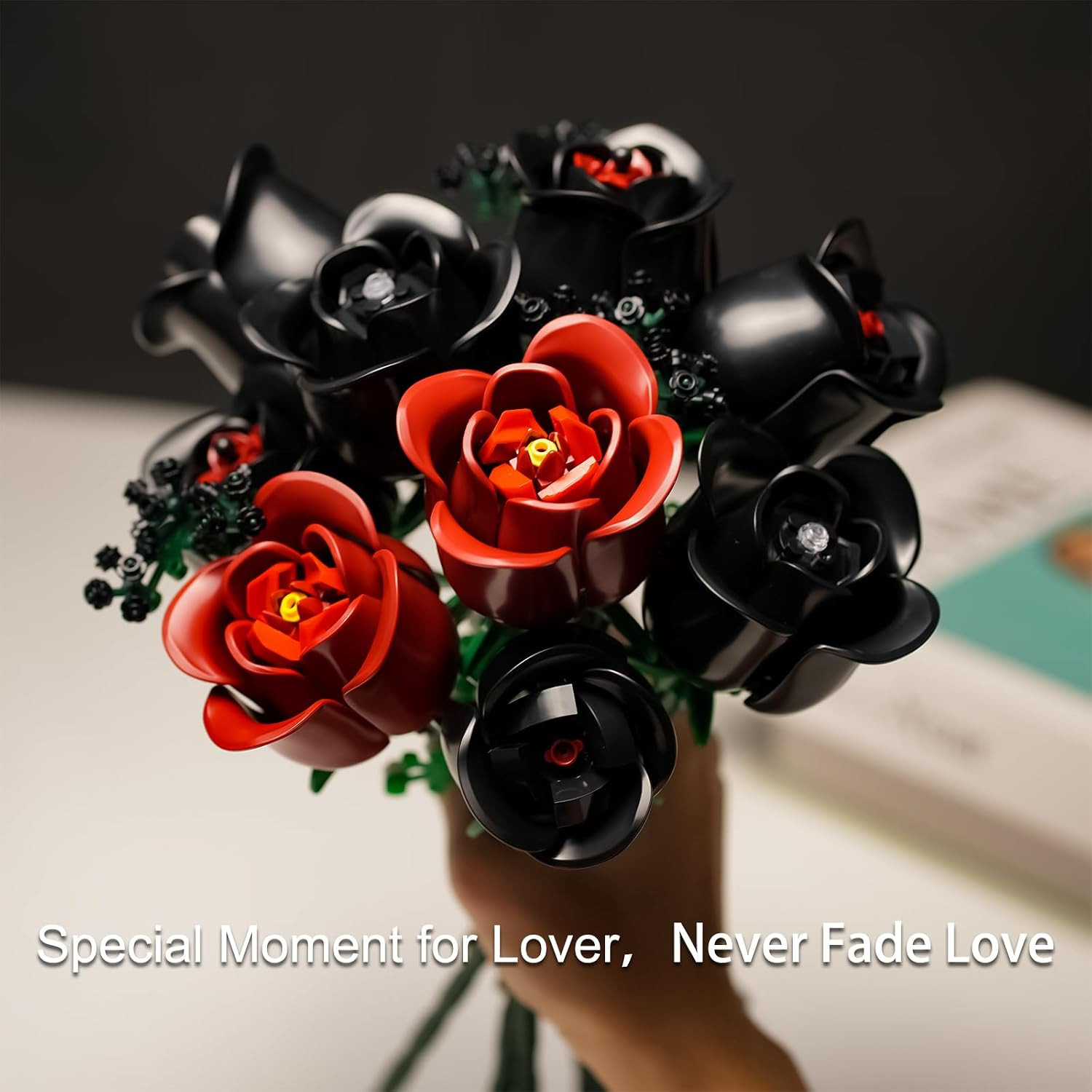Flowers Bouquet Building Set for Adults, Botanical Collection, Black Roses