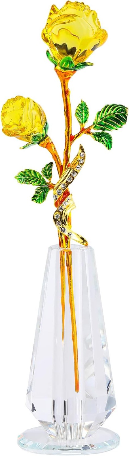 YWHL Handmade Yellow Rose Flower Crystal Figurine with Vase, Bouquet Glass Fl…