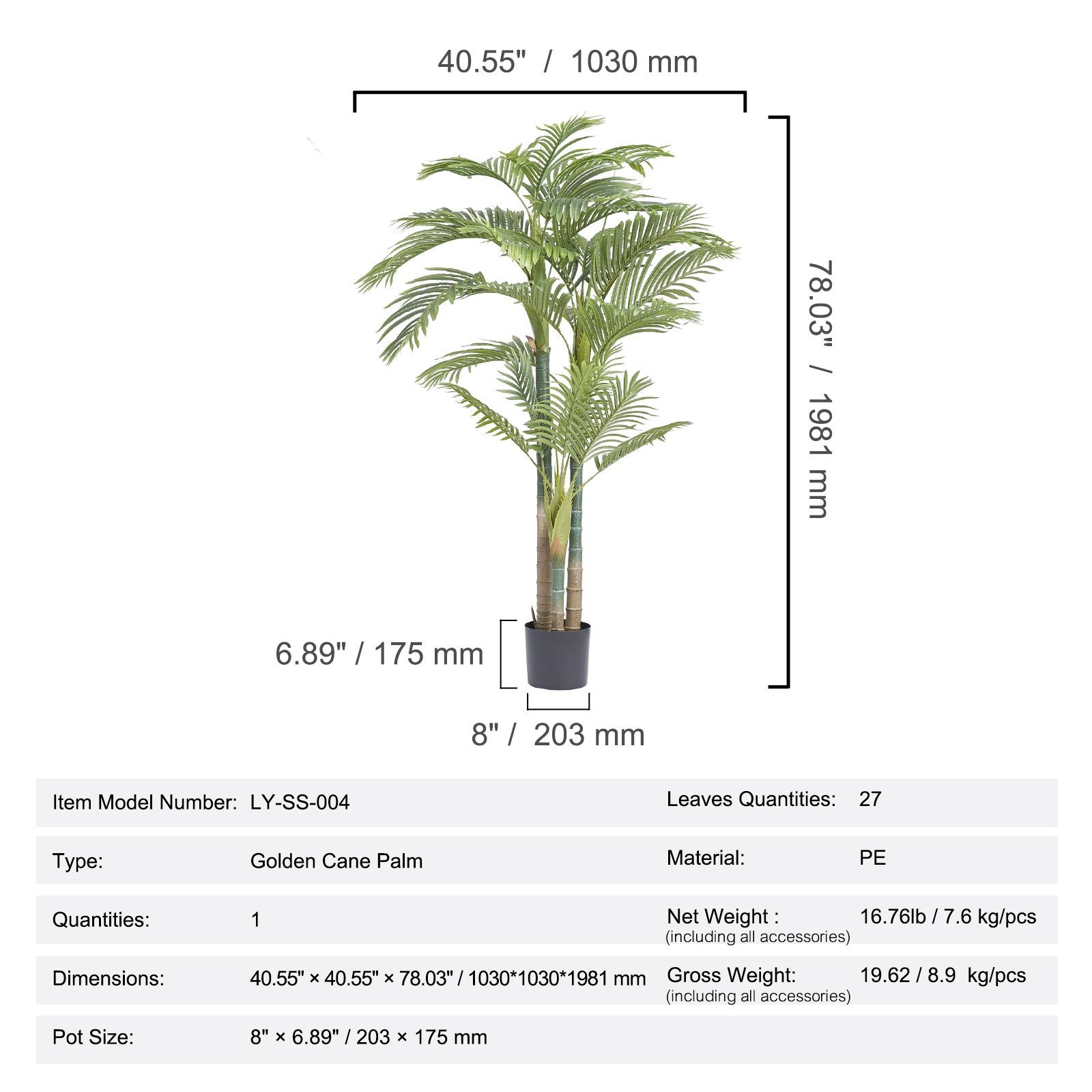 Artificial Gold Cane Palm Tree, 6.5 FT Tall Faux Plant, PE Material