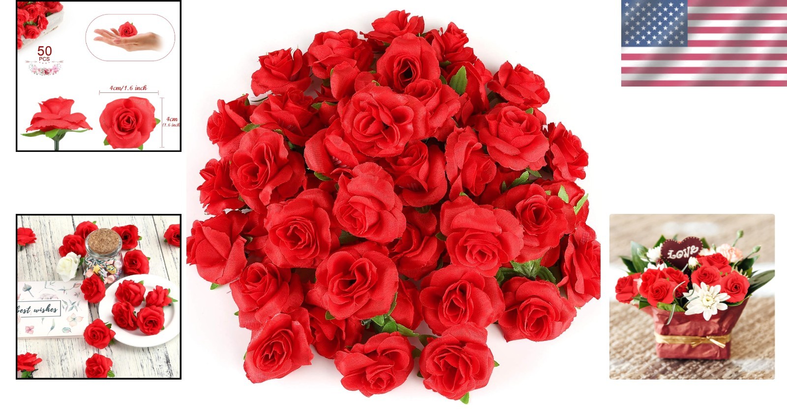 50pcs Reusable Red Silk Rose Heads – 1.6″ Perfect for Parties and DIY Creations