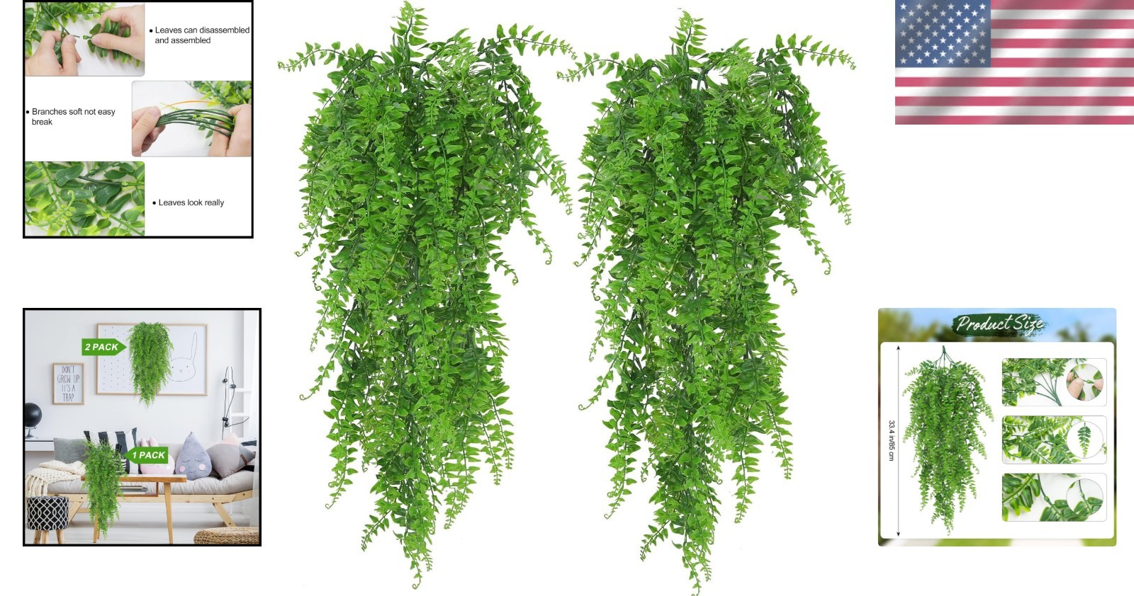 Serene Greenery: 2-Pack Hanging Ferns for a Relaxing Indoor/Outdoor Atmosphere