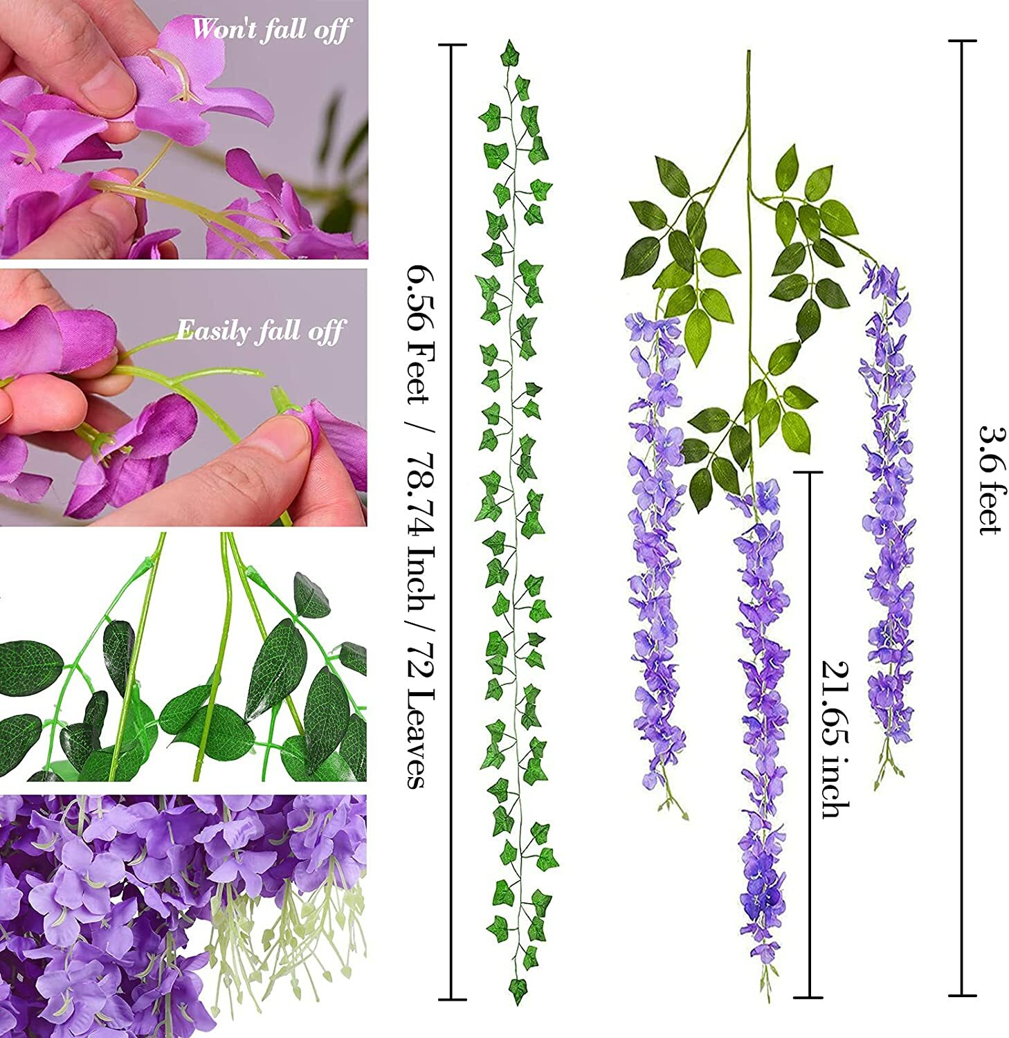 12 Pack Artificial Wisteria Hanging Flowers /6.56 Feet Artificial Ivy Leave Vine