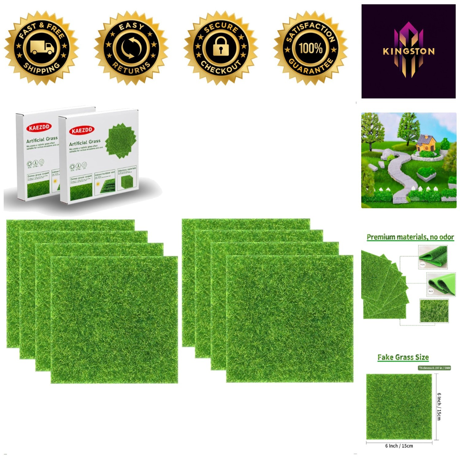 Realistic Green Plastic Grass Squares – 6×6 Inch Tiles for Fairy Garden Crafts