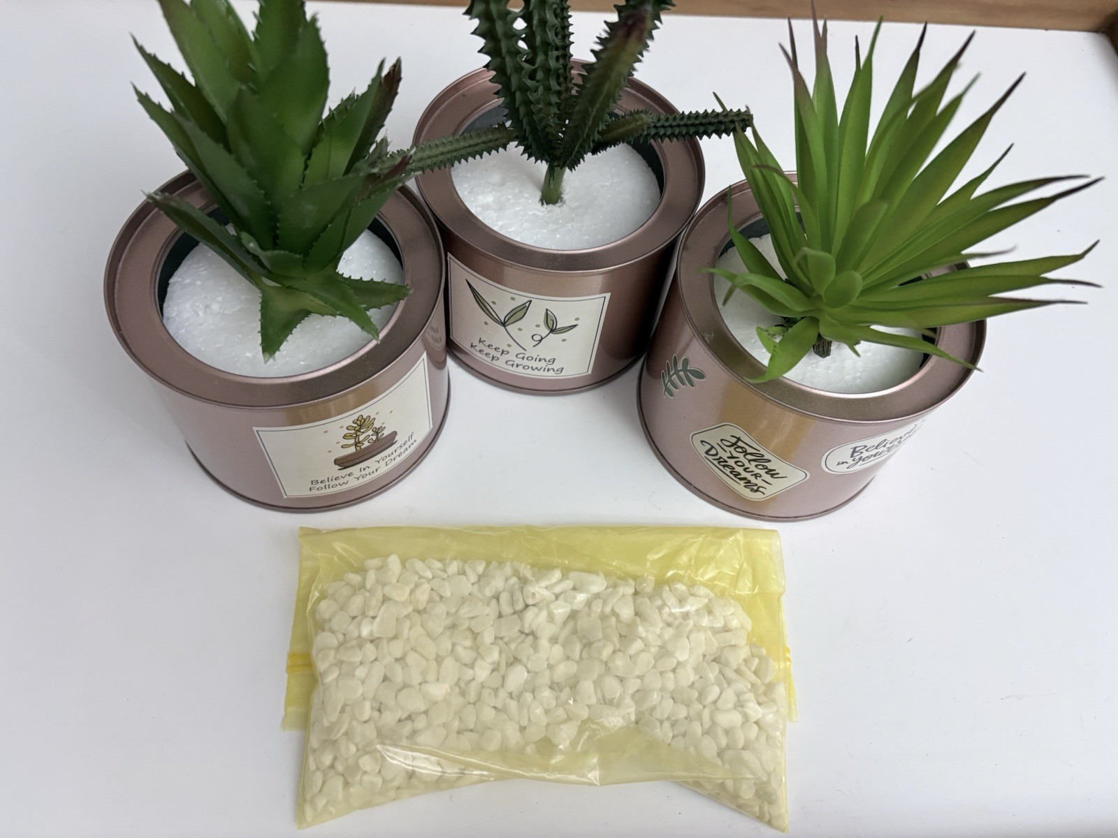 Desk Home Decor Faux Plant with Faux Succulents In Rose Gold Holders Rocks Inclu