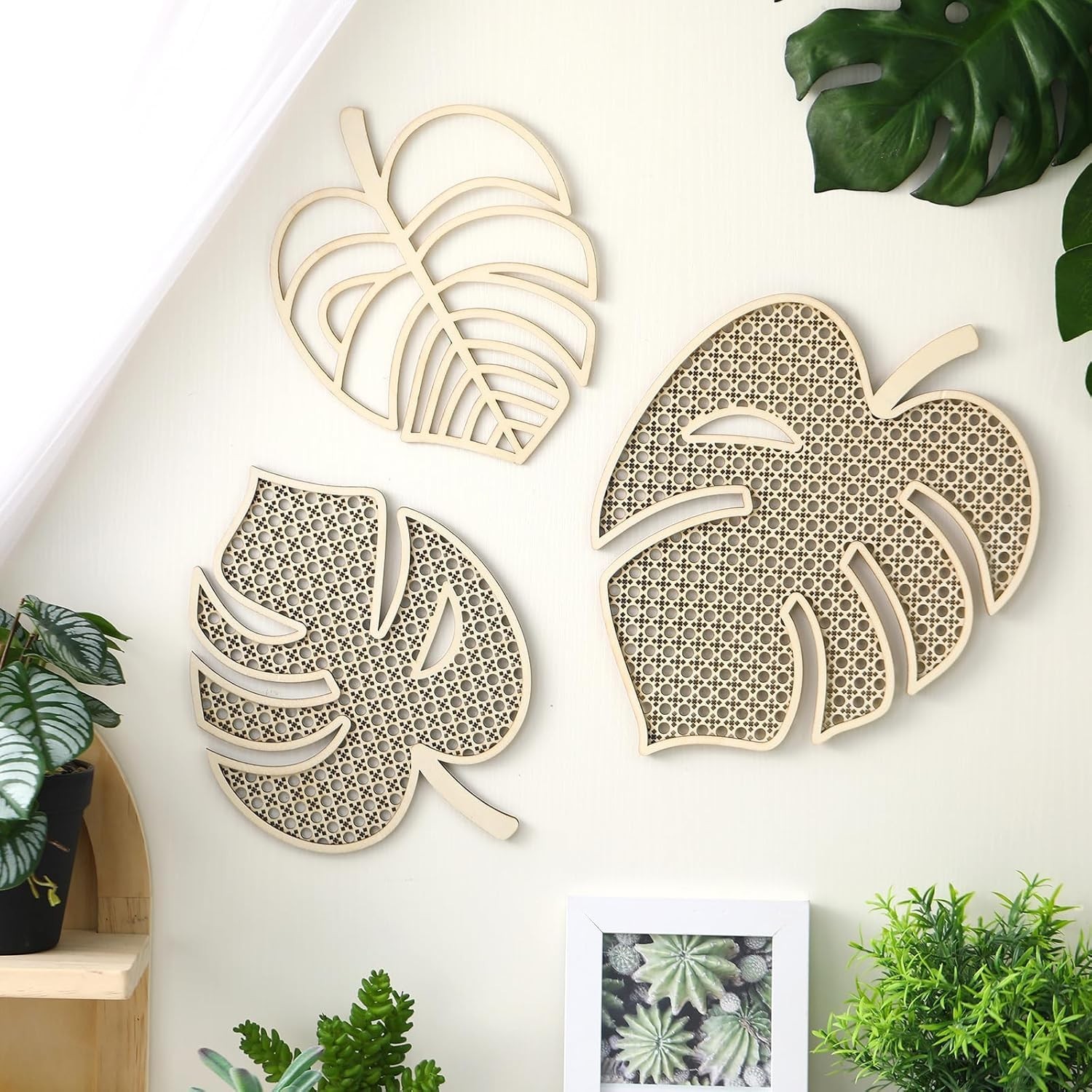 3 Pcs Wooden Rattan Palm Tree Wall Decor Monstera Leaf Wooden Boho Art Tropical
