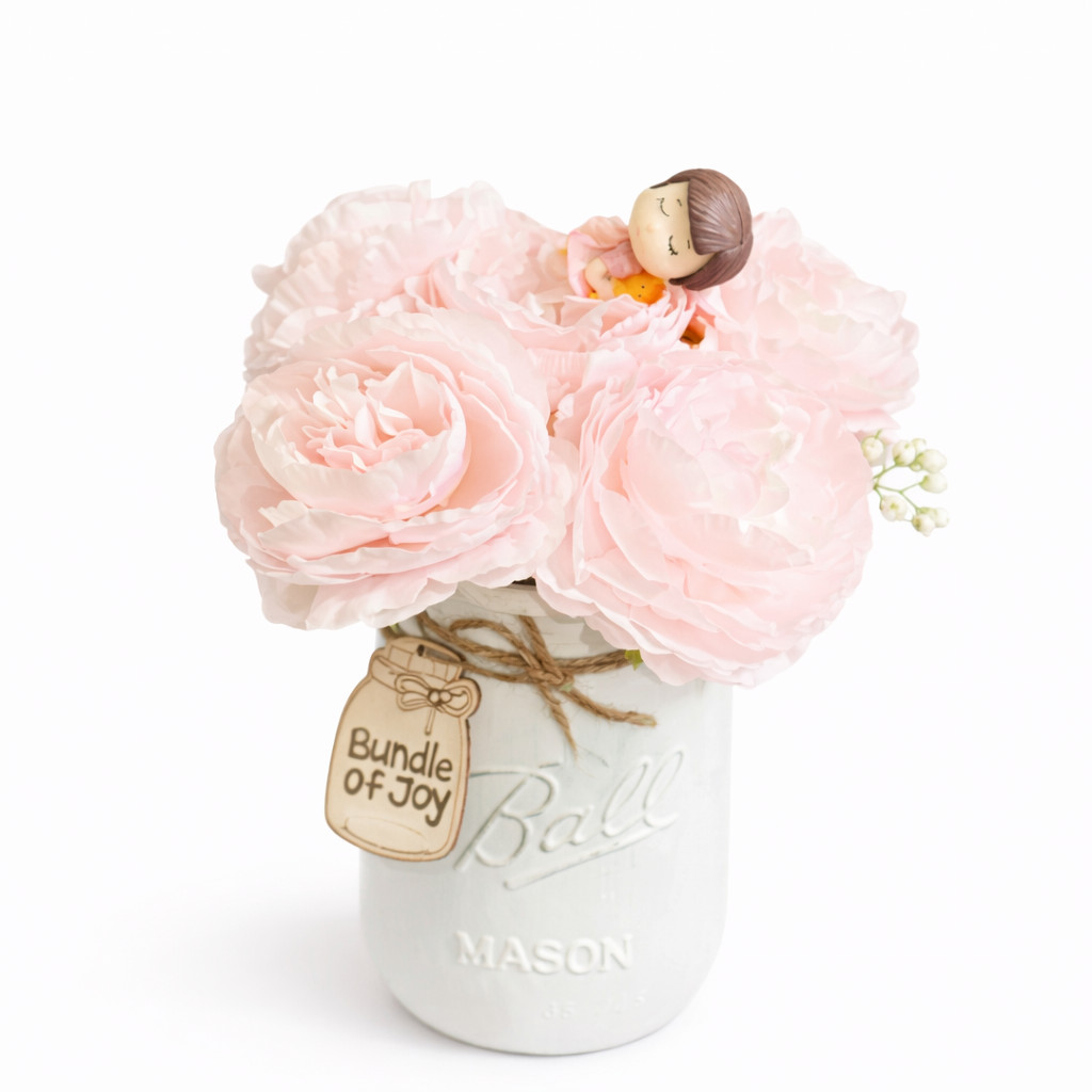 Pink Peony Custom Tag Mason Jar Arrangement Baby Shower Centerpiece Home Decor