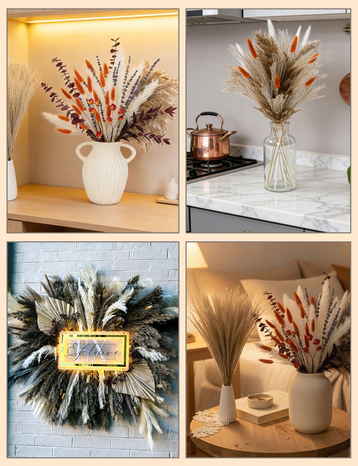 Pampas Grass Bouquet with Autumn Roses and Eucalyptus Leaves, 92 Pieces, for …