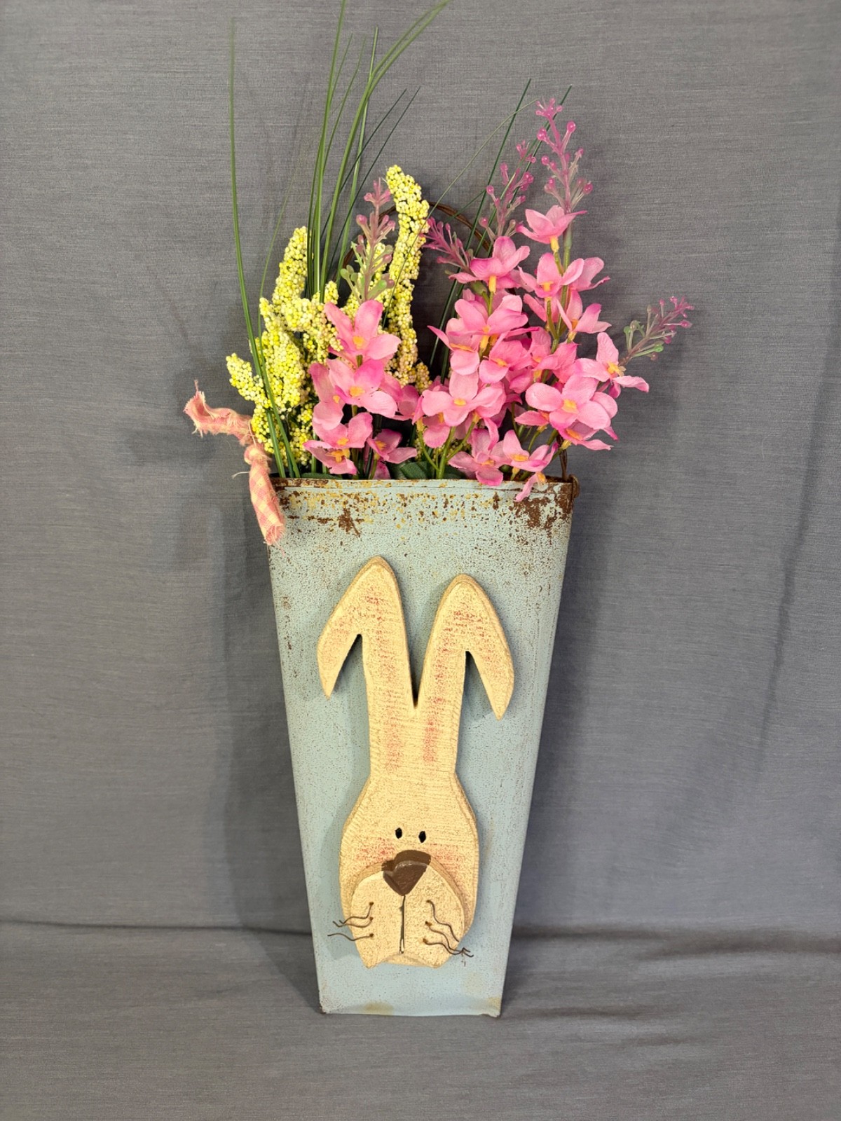 Bunny Rabbit Distressed Wood & Metal Wall Pocket Hanging Planter Spring Flowers