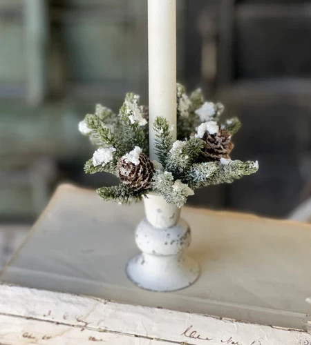 NEW PRIMITIVE Candle Ring SNOWY CONE Christmas 5″W x 1″ Opening Winter Shabby