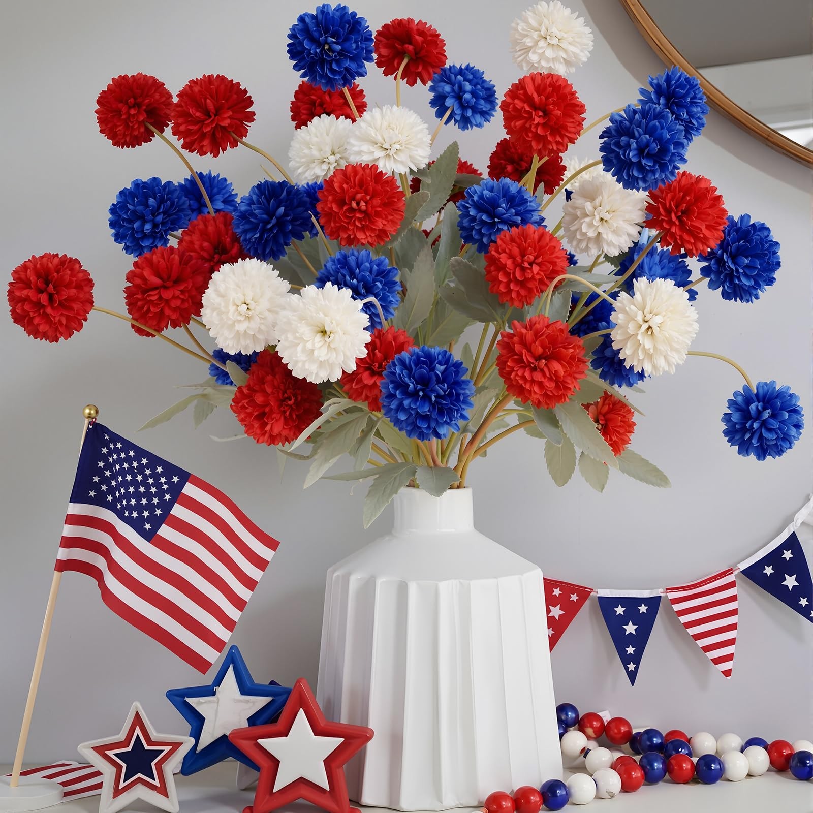 24 Bundles 4th of July Red Blue White Artificial Flowers for Outdoor Patrioti…