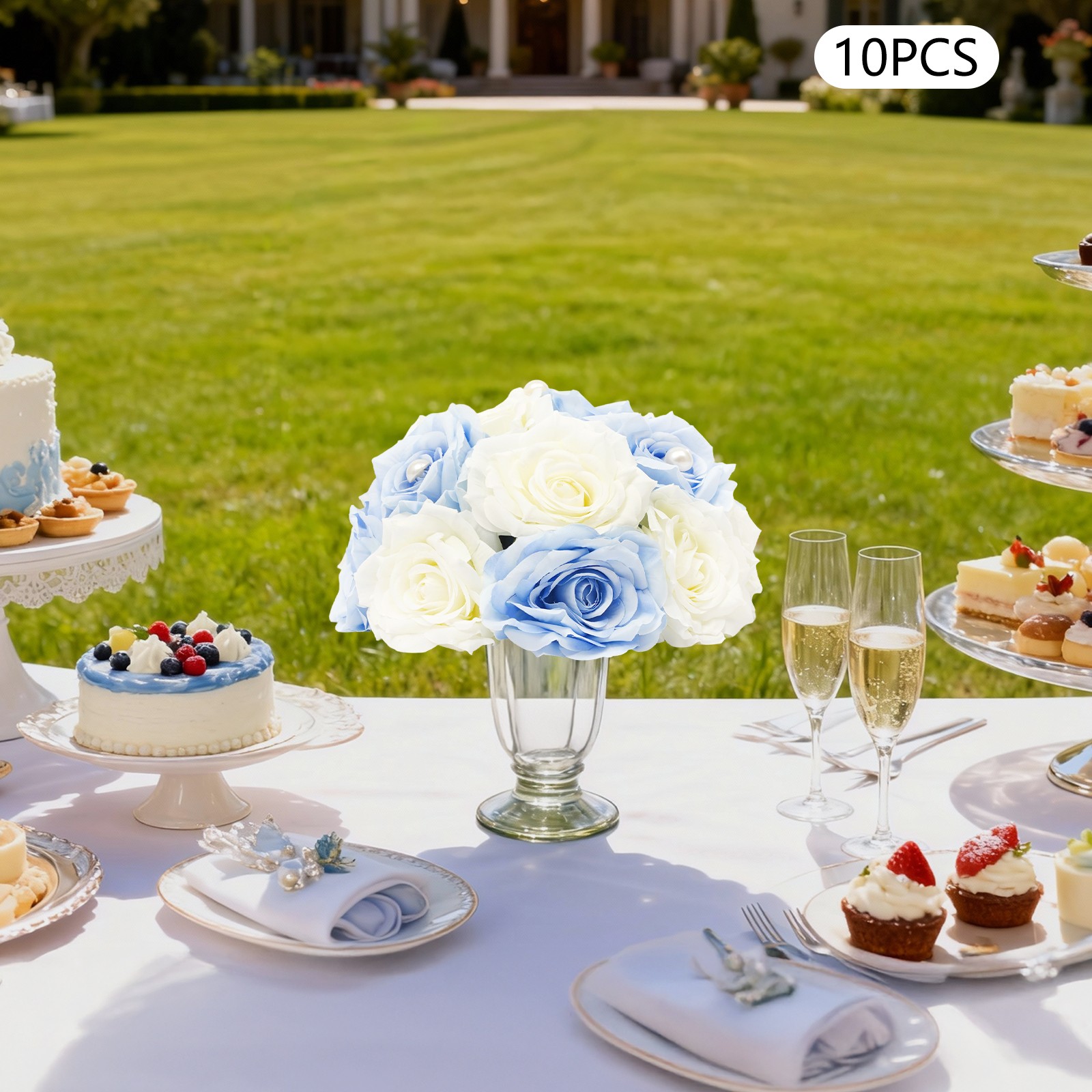 10 Pcs Handmade Bouquet Party Wedding Artificial Flower Balls Deco, White+Blue