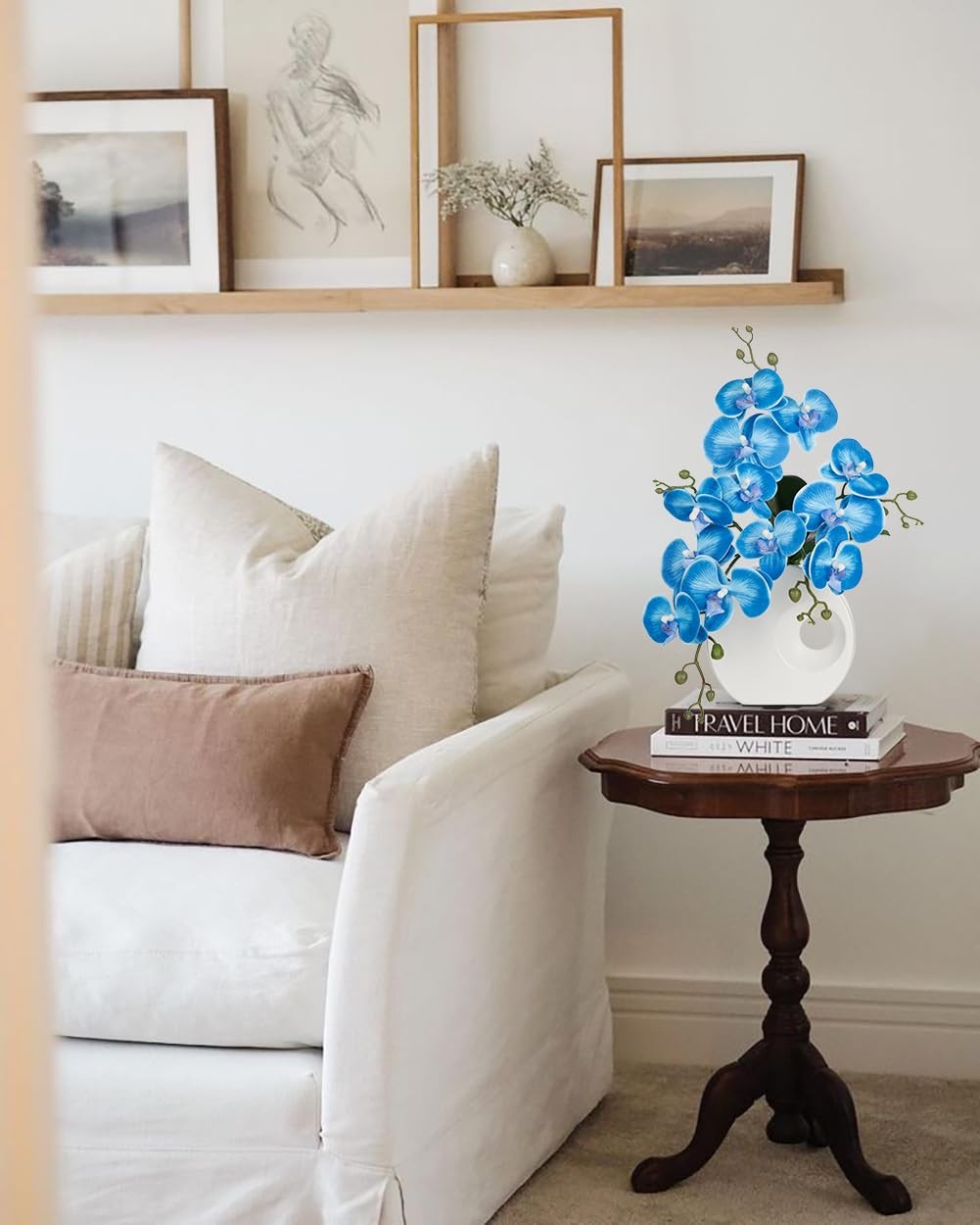 15.7-inch Tall Blue Artificial Orchid, Ceramic Vase, Silk Flower, Centerpiece