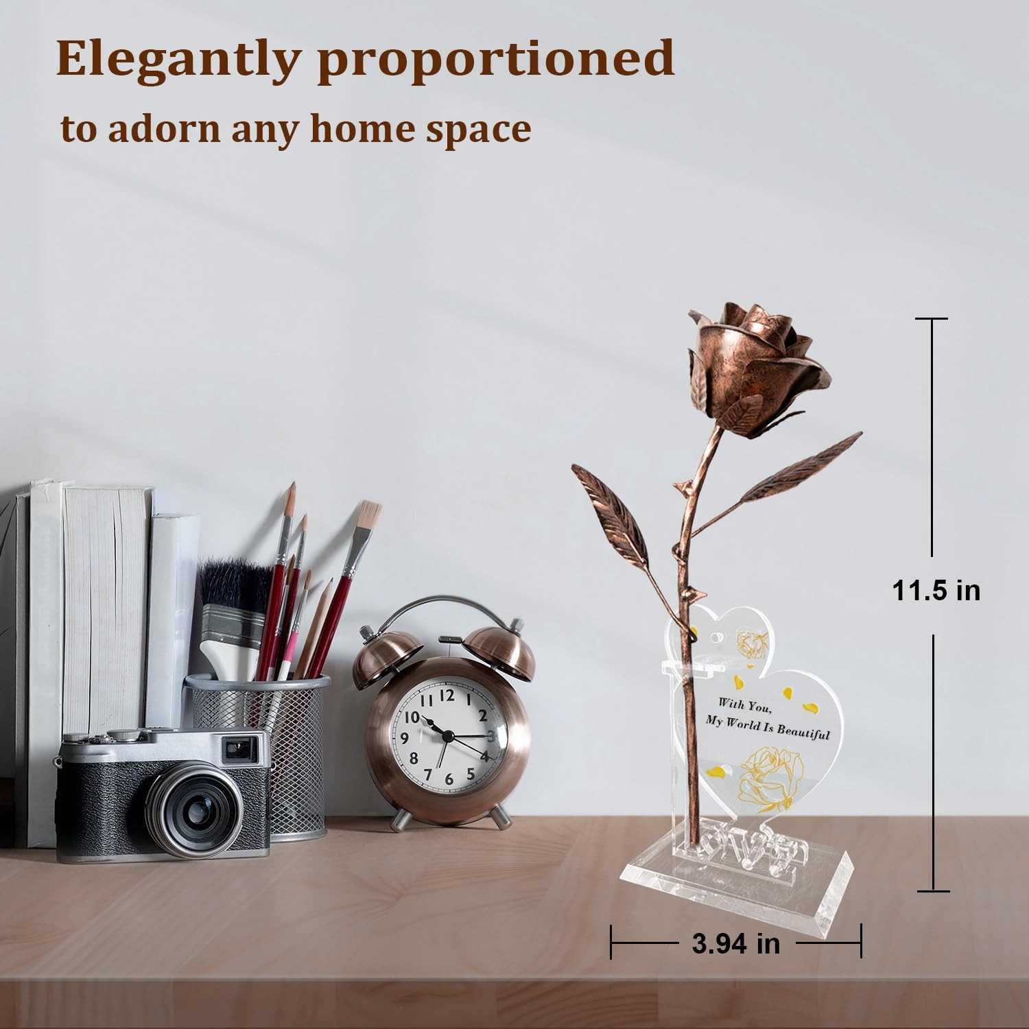 Copper Rose with Heart Stands – 7th Anniversary Handmade Metal Sculpture Gift