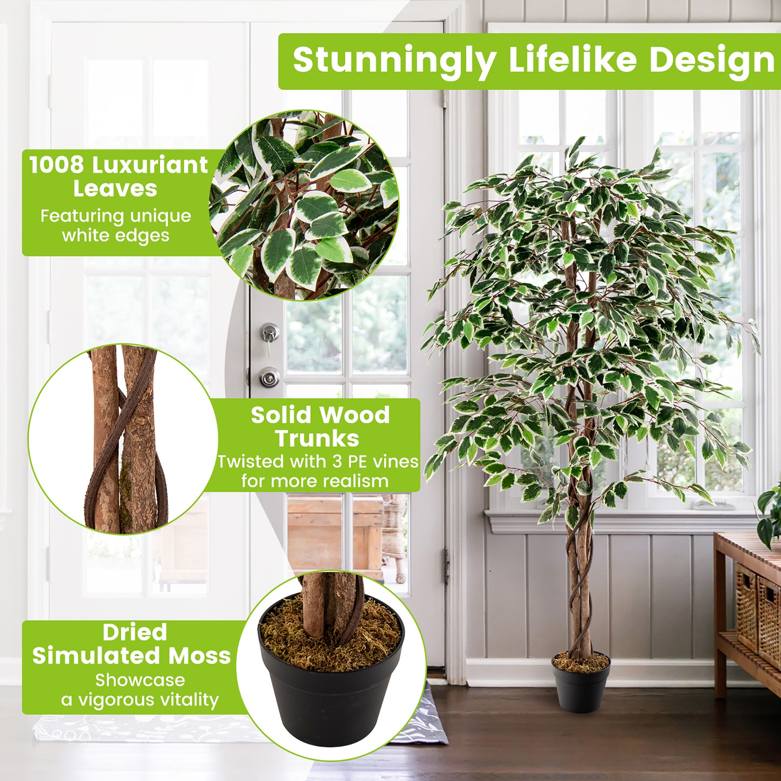Artificial Ficus Tree Tall Faux Indoor Plant w/ 1008 Leaves Natural Wood Trunk