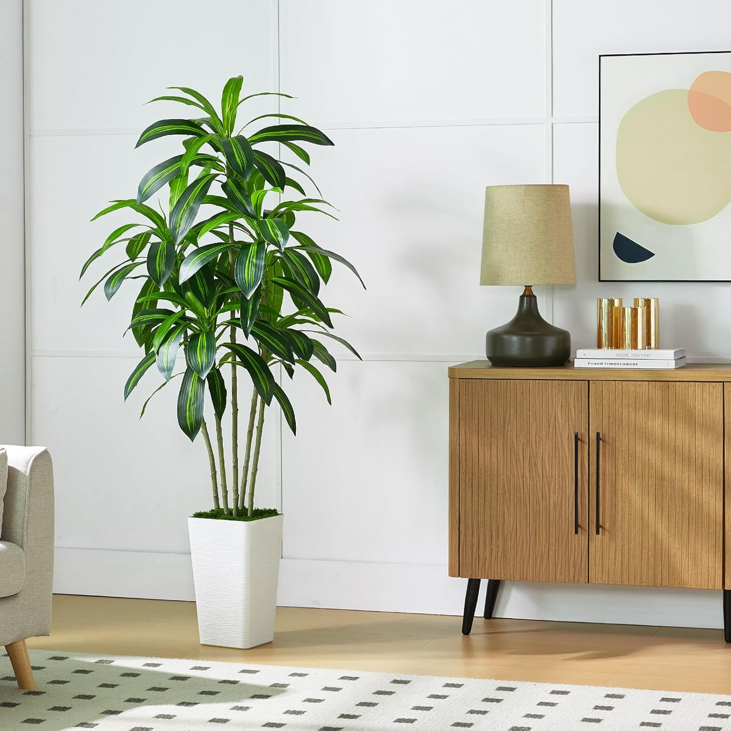 6FT Artificial Dracaena Tree in White Tall Planter – Faux Tropical Yucca Plant