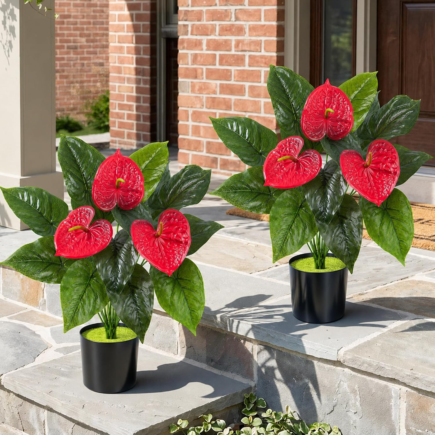 2 Pack Anthurium Artificial Flowers Plants with Pots for Indoor Outdoor Decorati