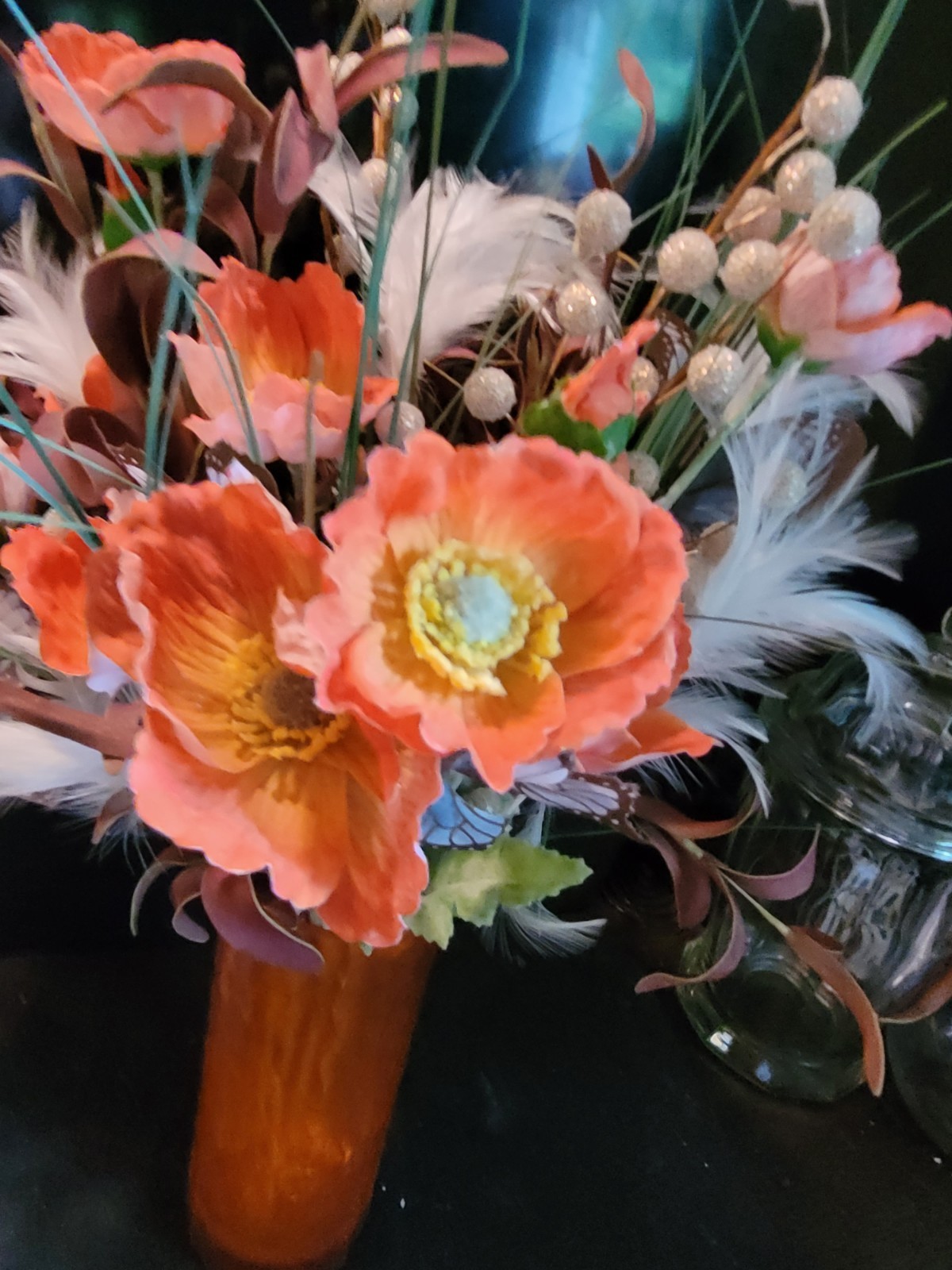 Artificial Poppy Flowers in Orange 8″Vase Butterfly,Feathers much More ,